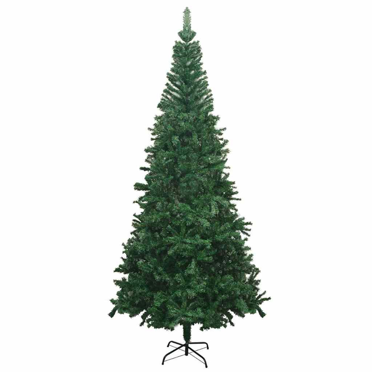 Ein voller, grüner künstlicher Weihnachtsbaum mit schwarzem Ständer.