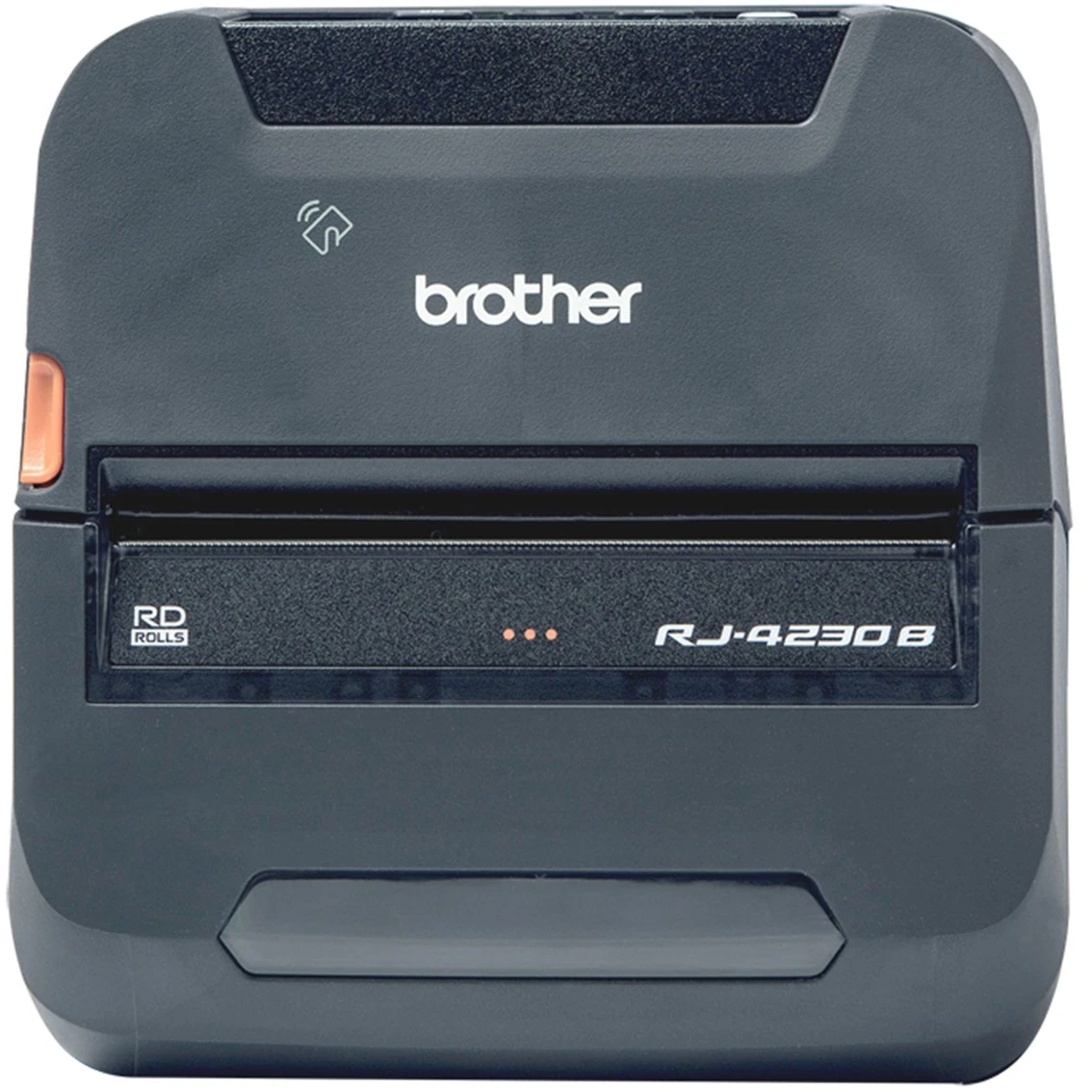 Een zwarte Brother RJ-4230B printer met oranje knop en Wi-Fi-symbool.