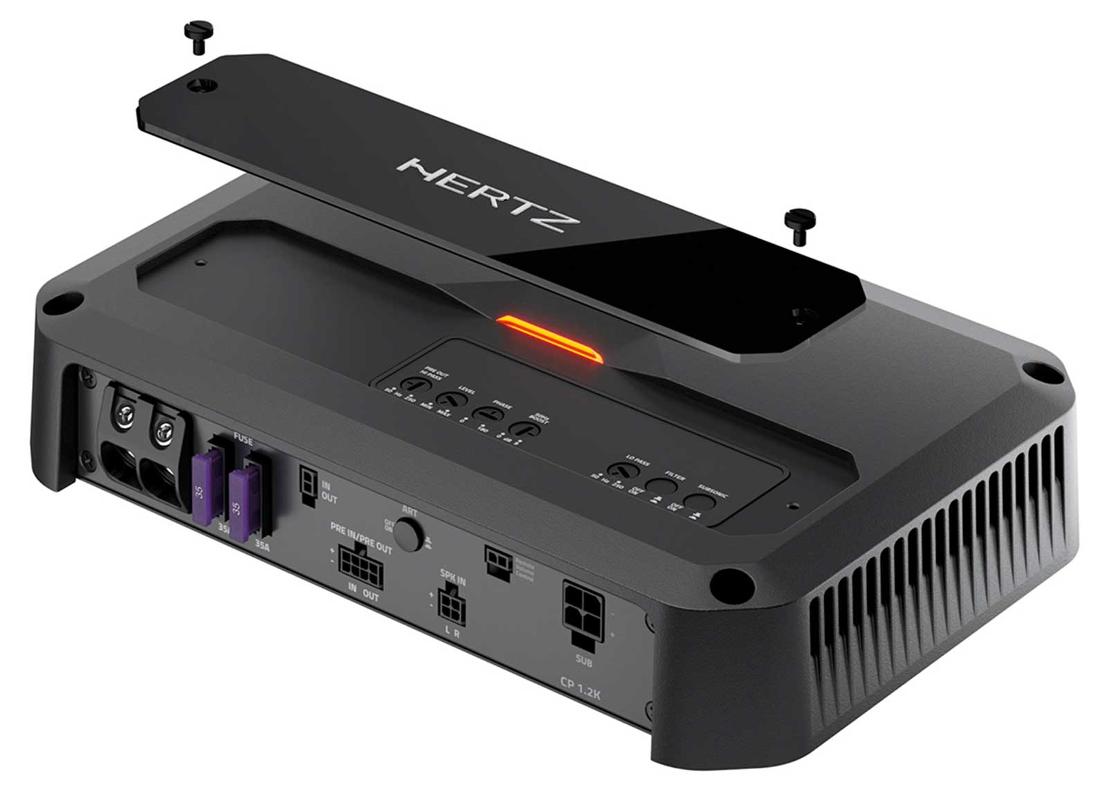 Schwarzer Hertz Verstärker mit Anschlüssen und orangefarbener LED.