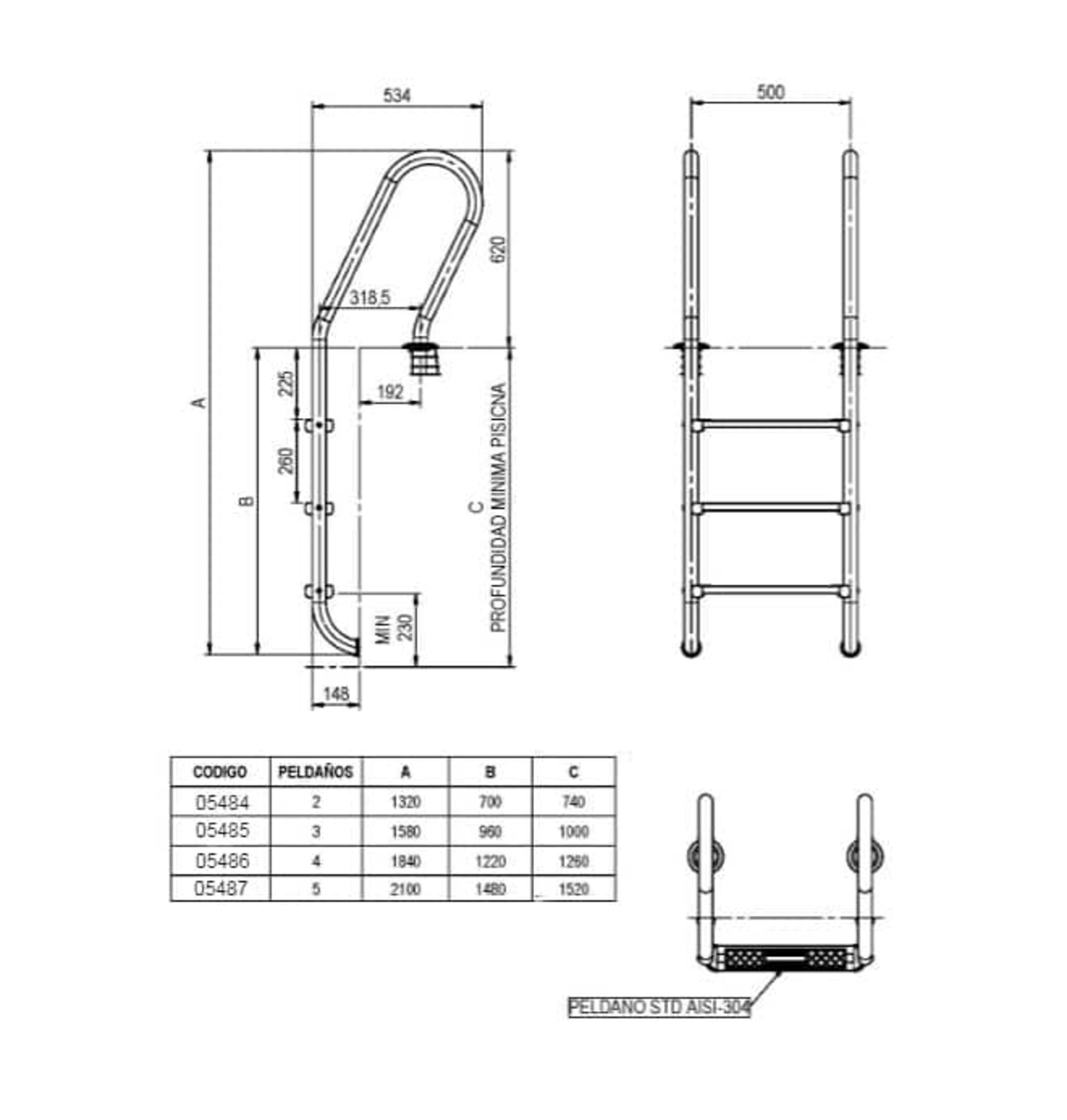 Dibujo técnico de una escalera con dimensiones y tabla de medidas.