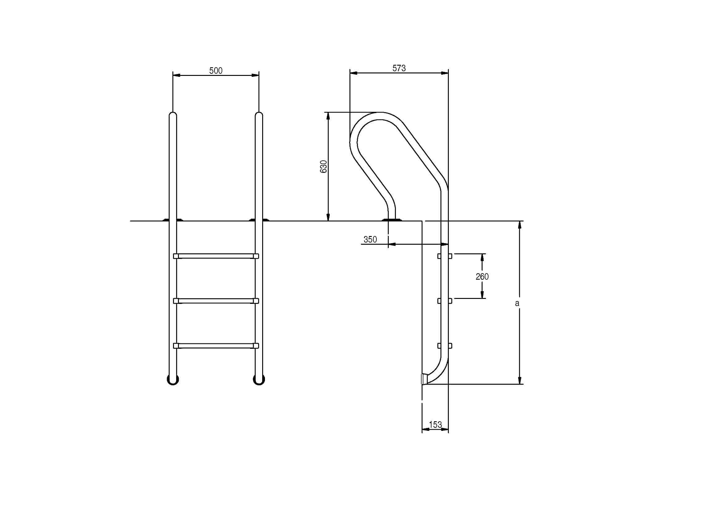 Dibujo técnico de una escalera y una barandilla con dimensiones.