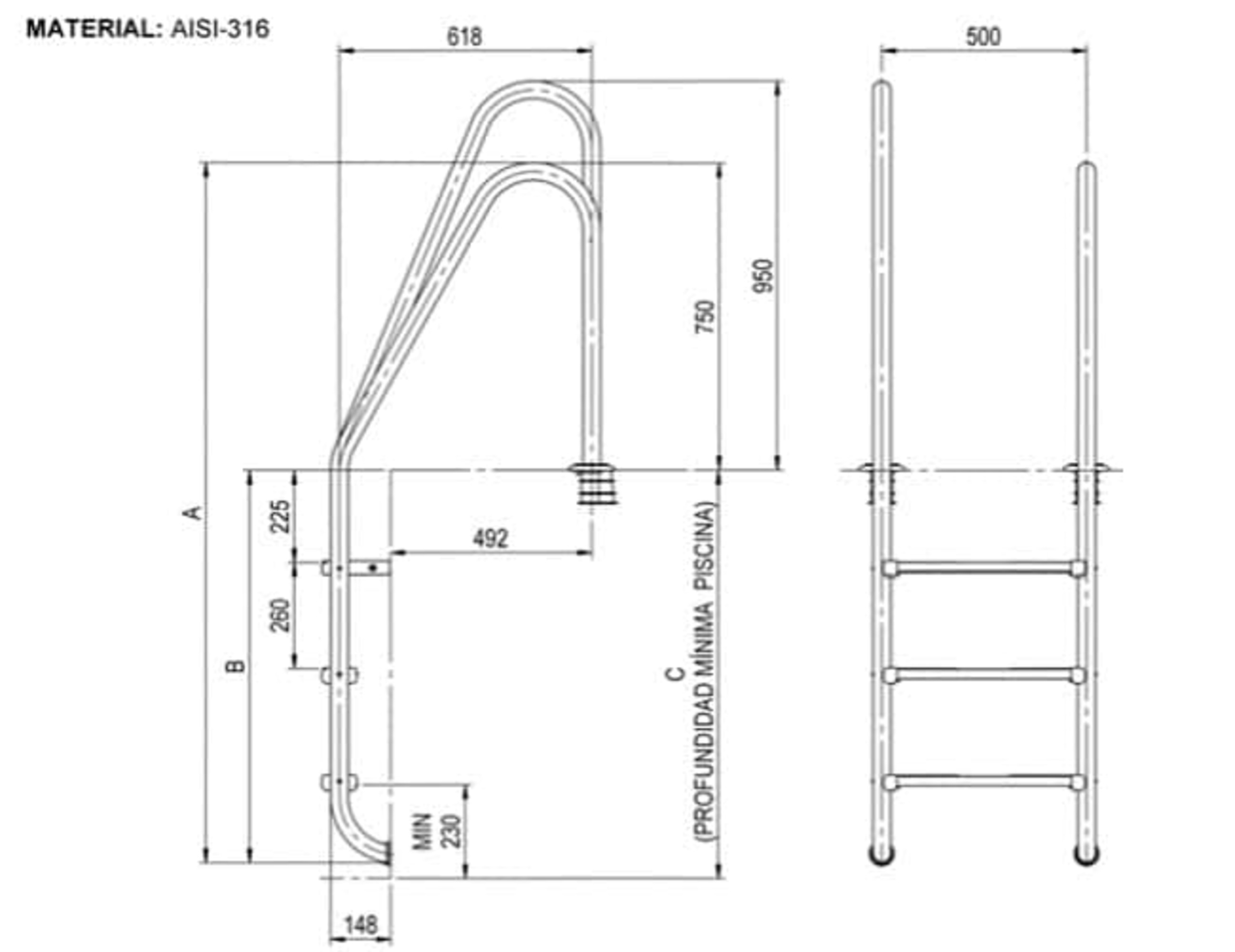 Dibujo técnico de una escalera de piscina de AISI-316 con dimensiones.