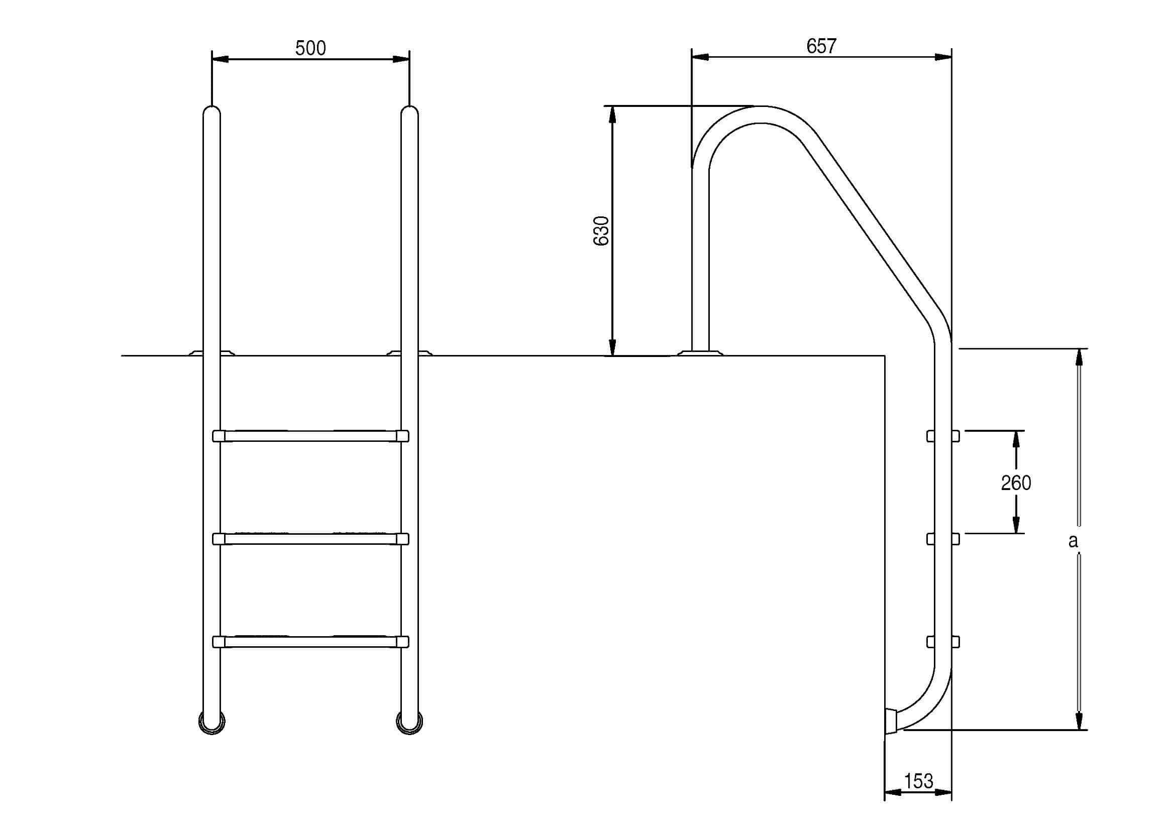 Dibujo técnico de escaleras de piscina con dimensiones 500, 630, 657 y 260.