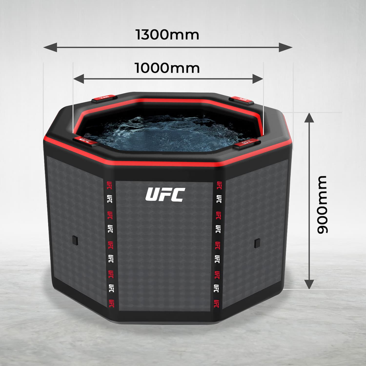 Una piscina octogonal UFC con detalles rojos, de 1300mm x 1000mm x 900mm.