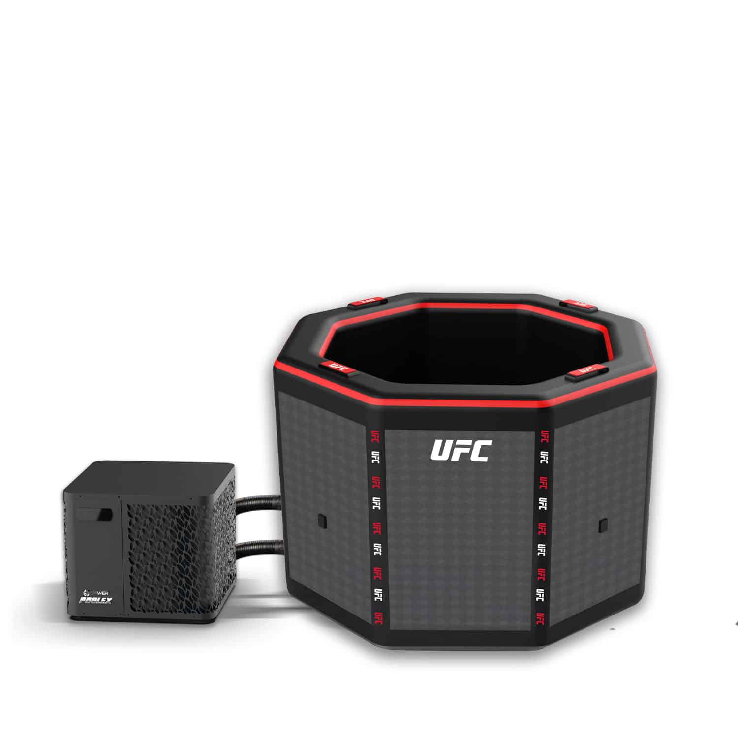 Bañera de hielo UFC negra con enfriador lateral, fondo blanco.
