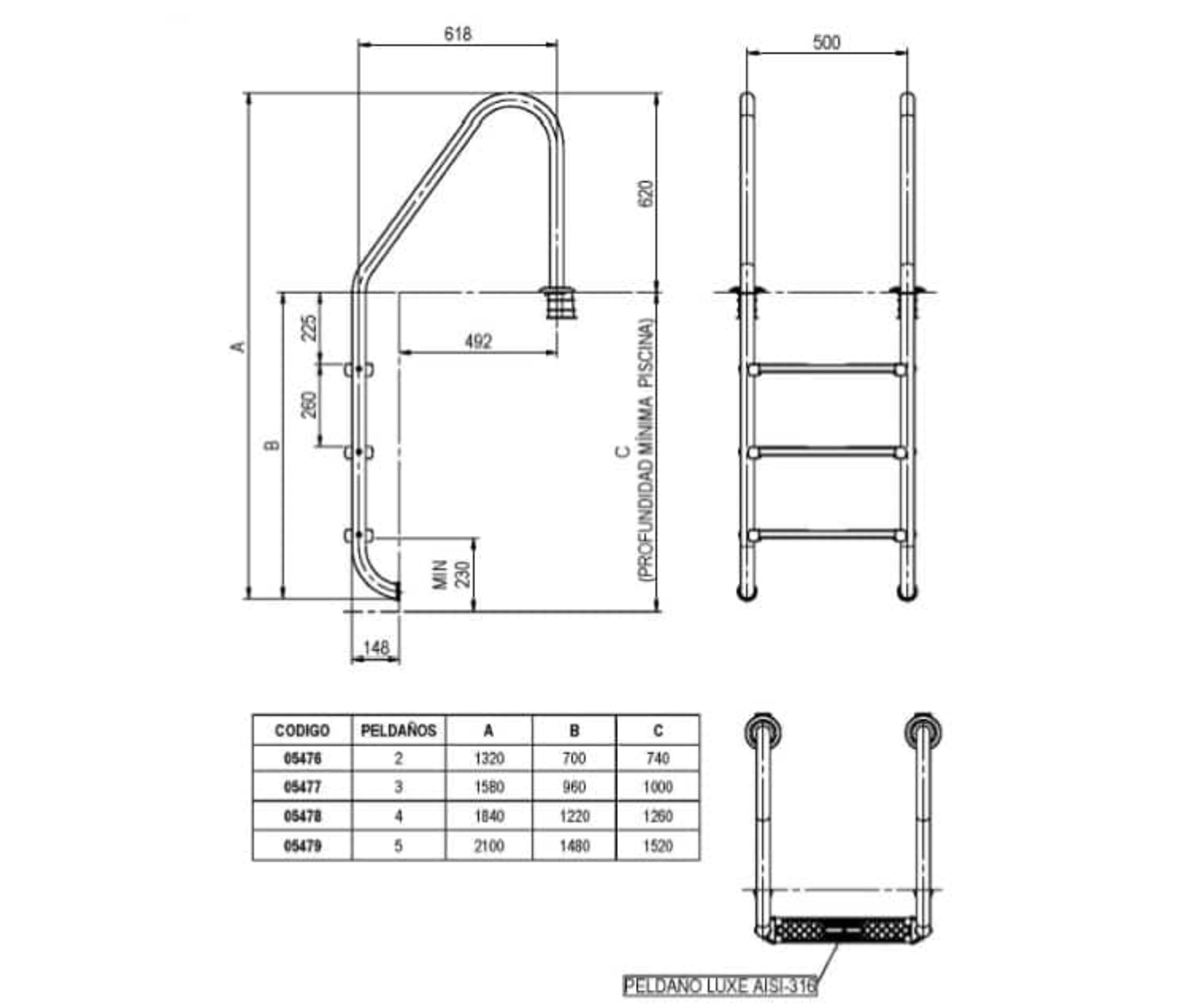 Dibujo técnico de una escalera de piscina con medidas y tabla.