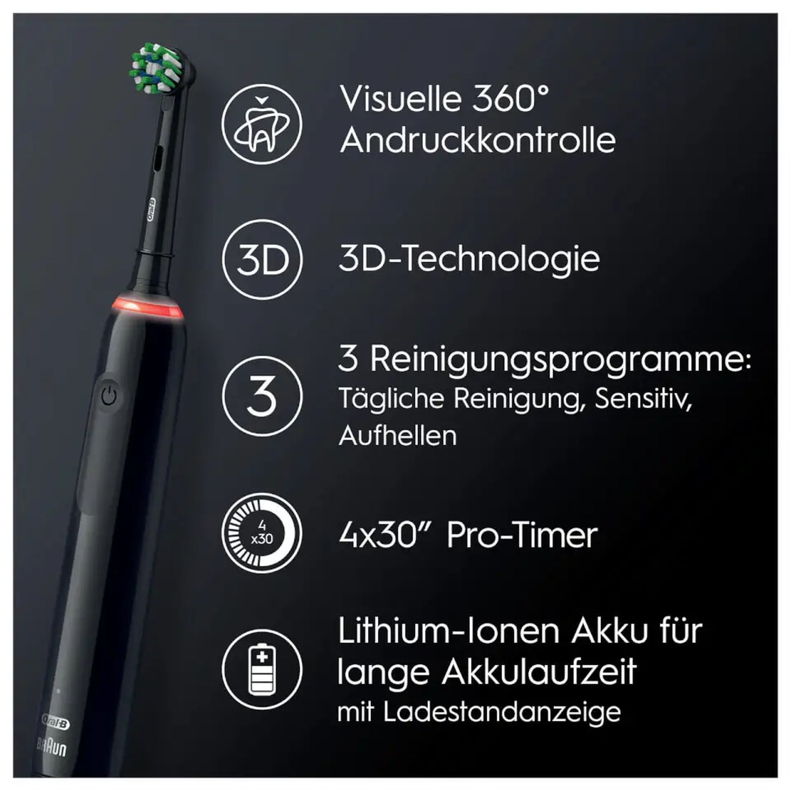 Schwarze elektrische Zahnbürste mit Icons: 3D-Technologie, 3 Programme, Timer, Akku.