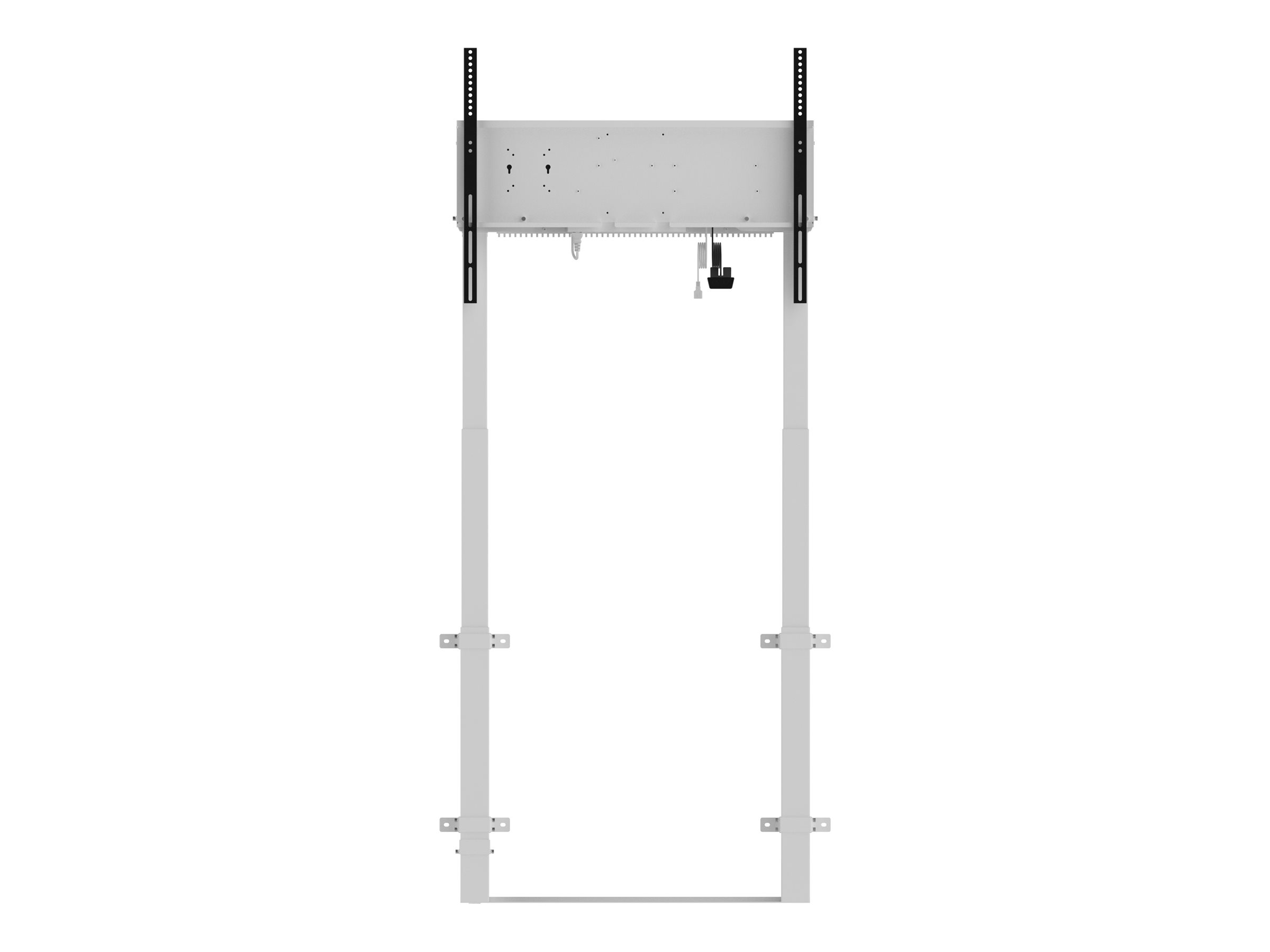 Un telaio metallico bianco con pali verticali, progettato per il montaggio TV.