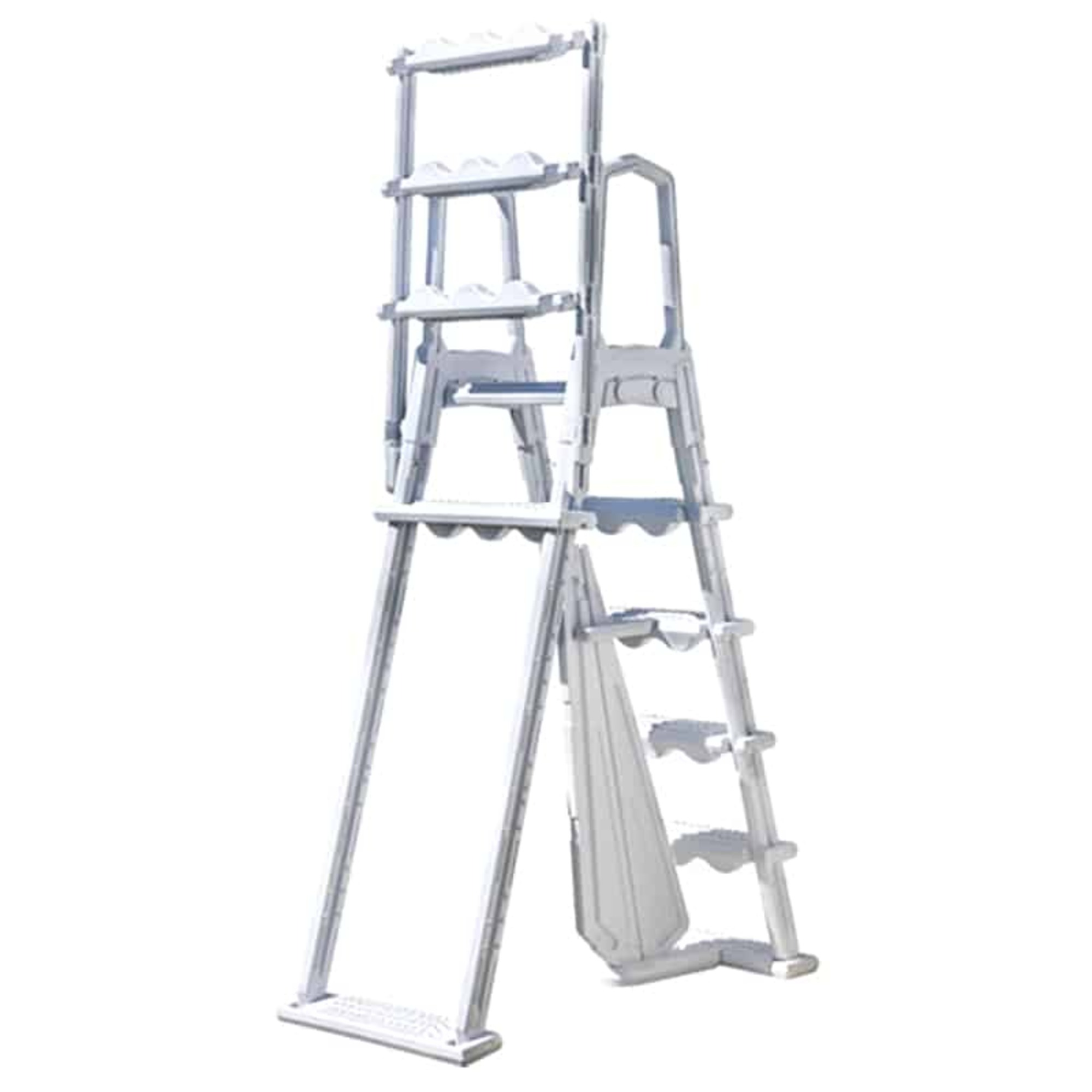 Una escalera blanca de varios peldaños que conduce a una plataforma elevada.