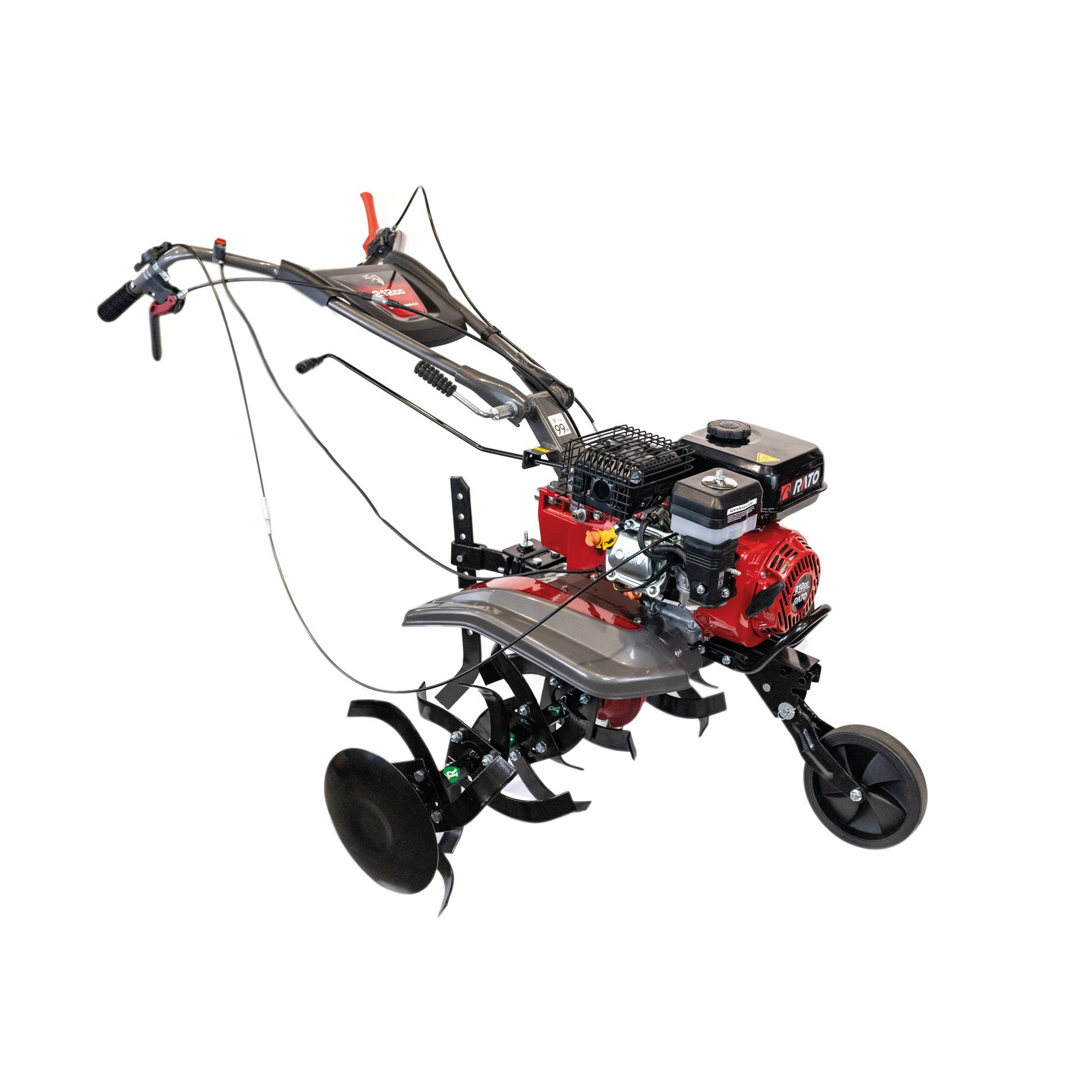 Czerwono-szara glebogryzarka z dwoma kołami i przystawką narzędziową.