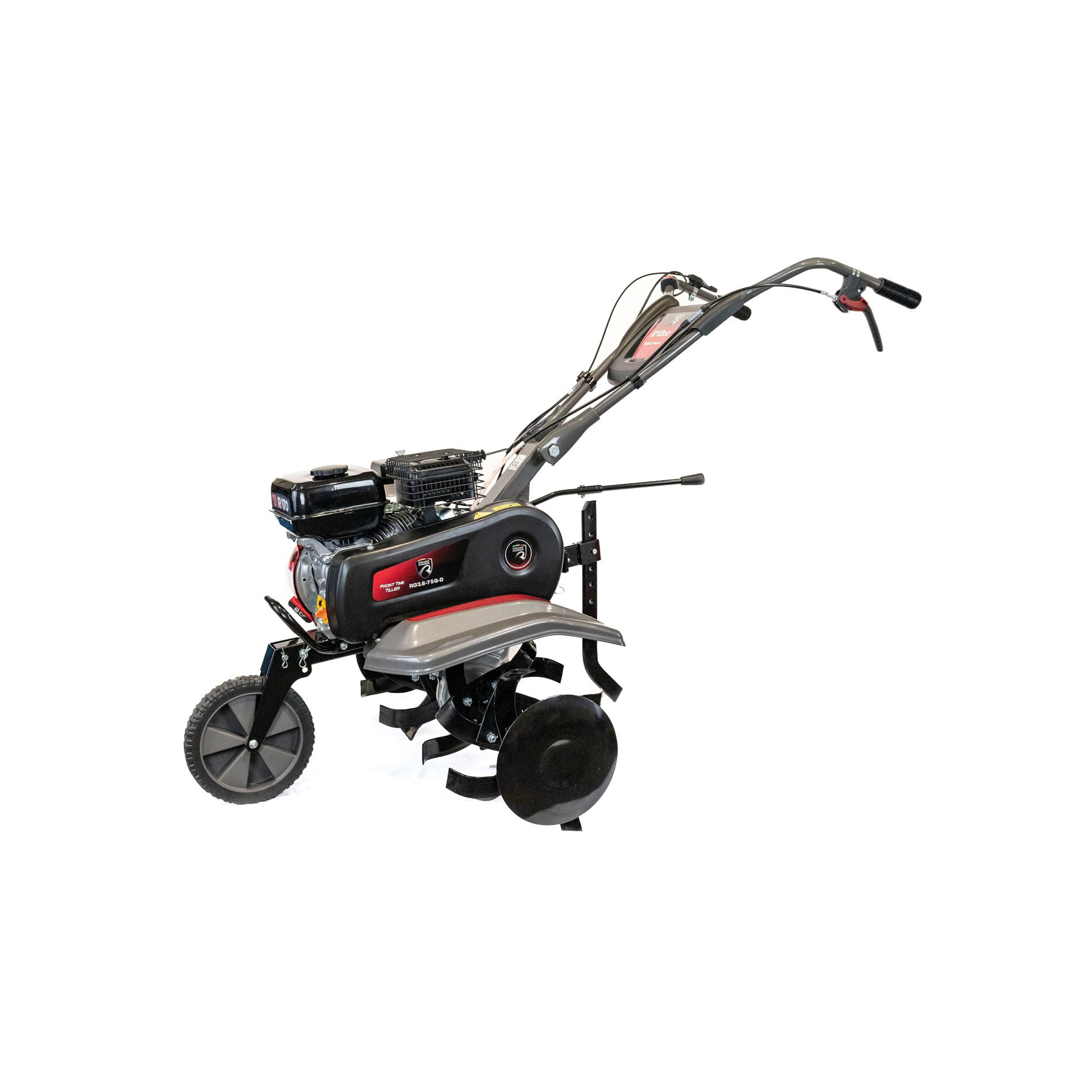 Szara glebogryzarka z czarnym silnikiem i kołami na białym tle.