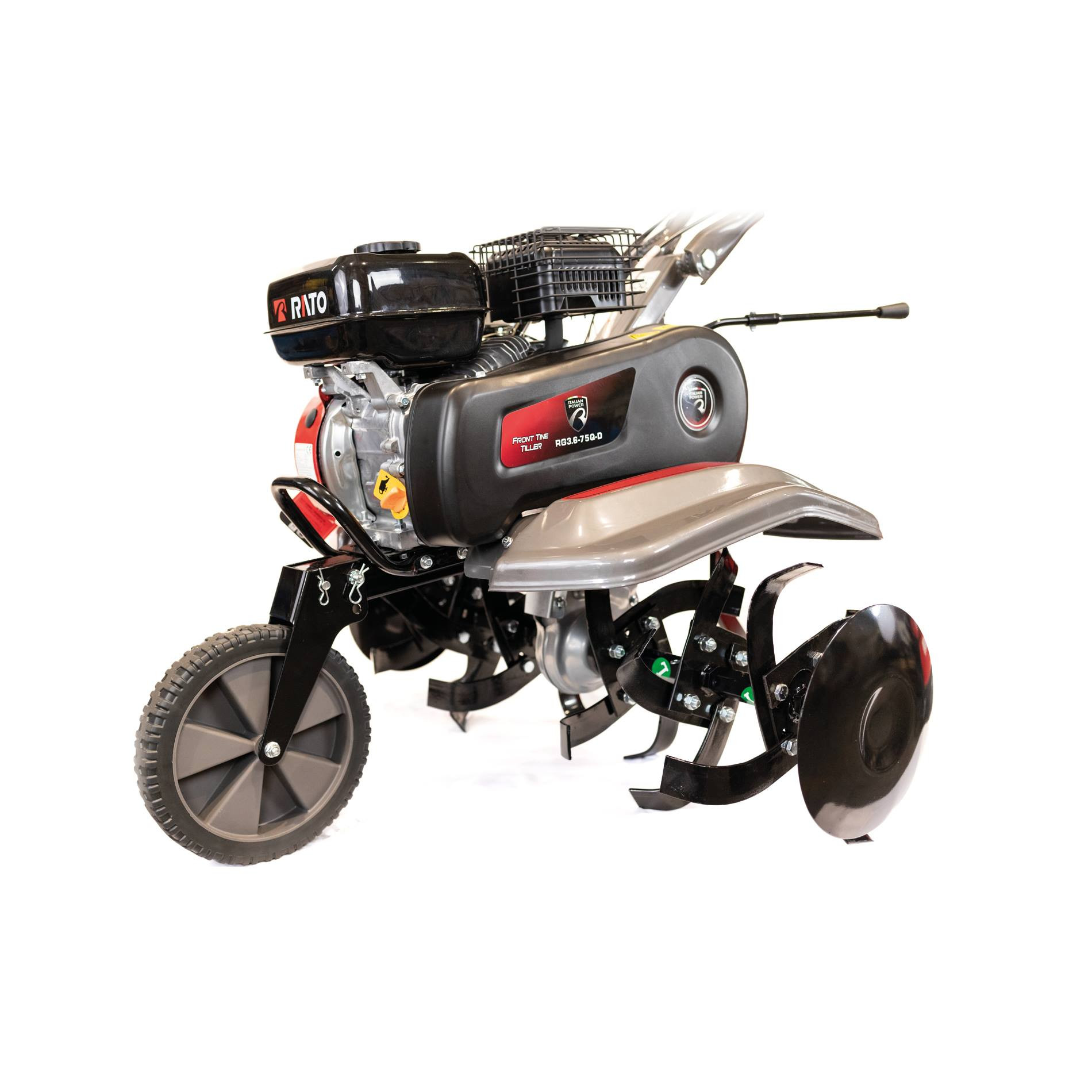 Czerwono-czarna glebogryzarka z jednym kołem i obracającymi się nożami.