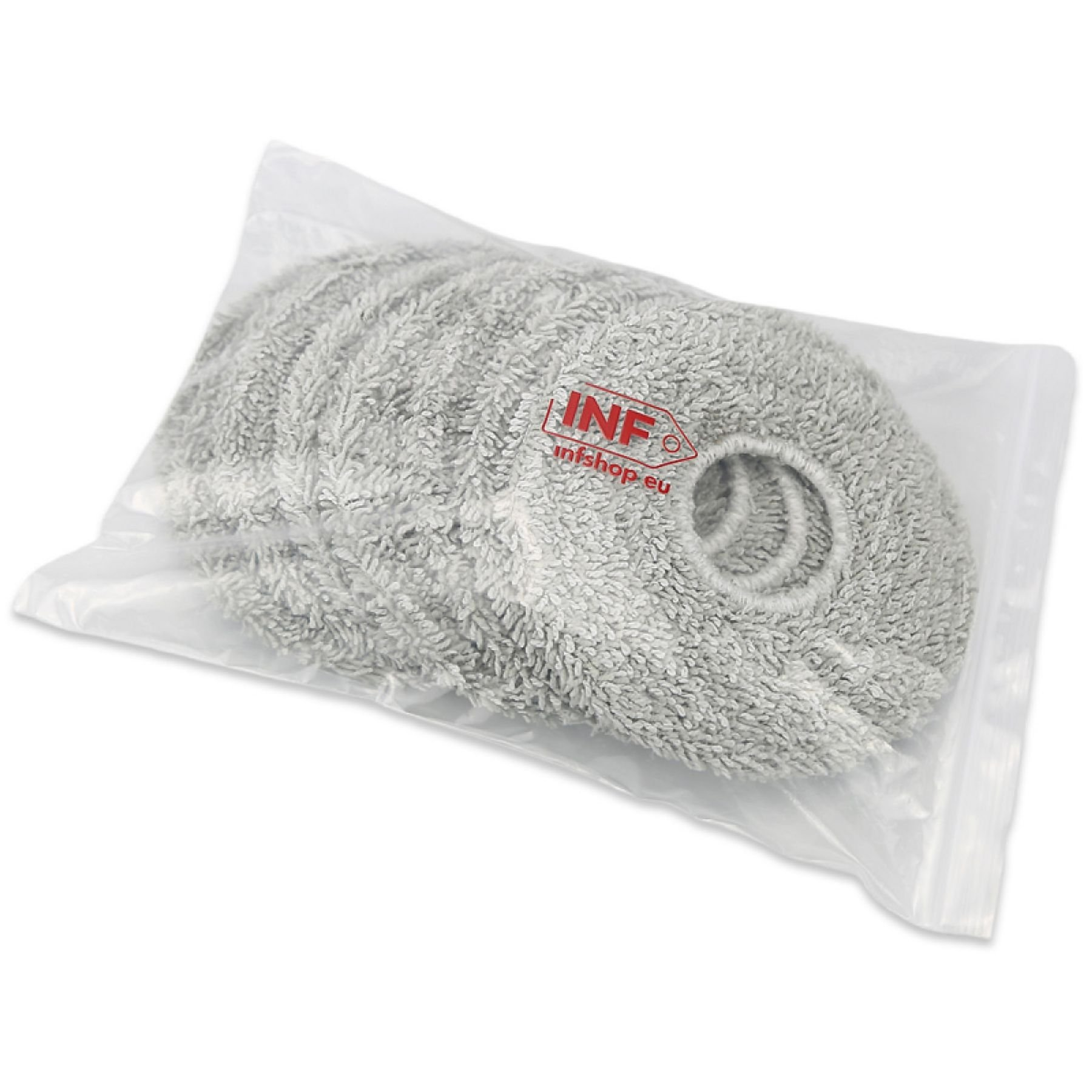 Graue Mikrofaserpads mit Loch in der Mitte, verpackt in Plastik.