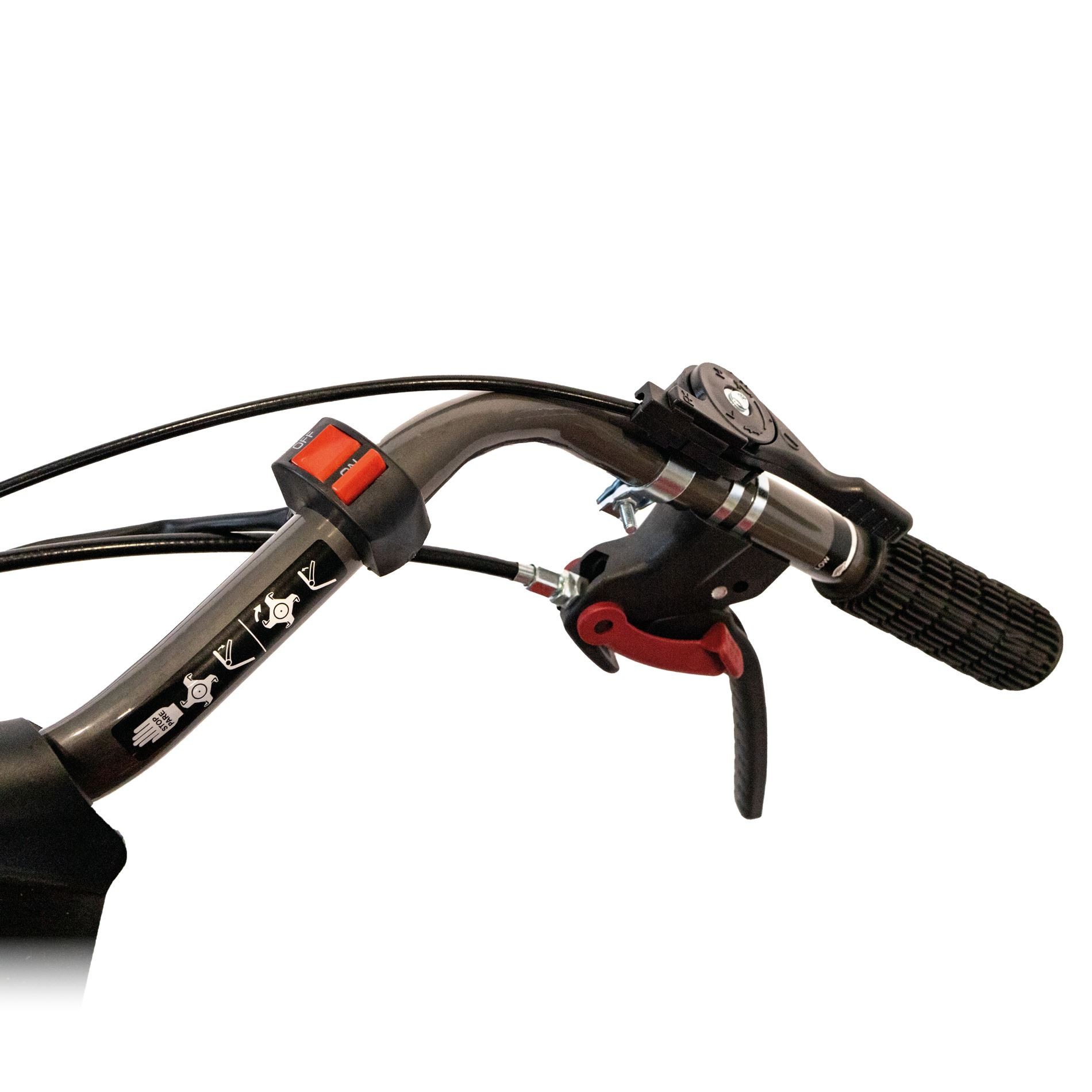 Kierownica z elementami sterującymi: manetka gazu, przełącznik i dźwignia hamulca.