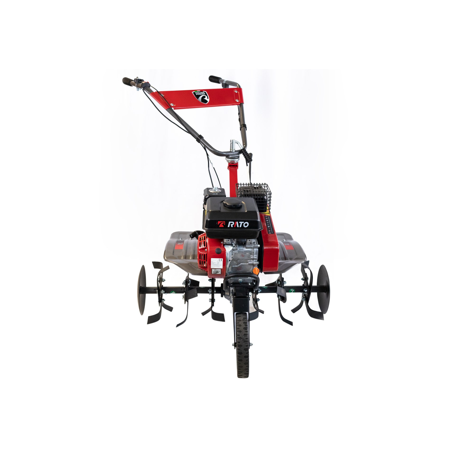 Czerwony kultywator silnikowy z czterema obrotowymi ostrzami i przednim kołem.