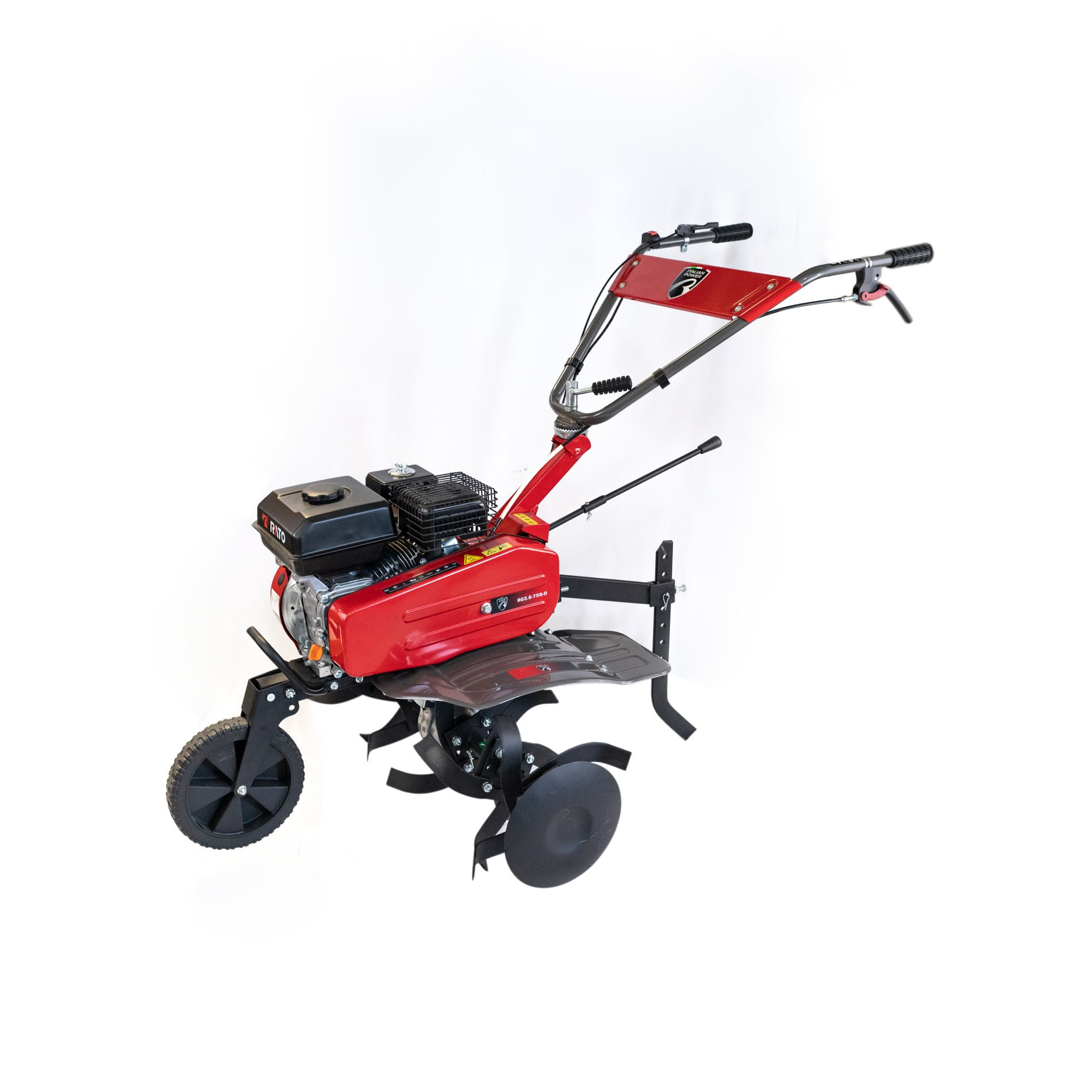 Czerwona glebogryzarka z czarnymi kołami i przystawkami.