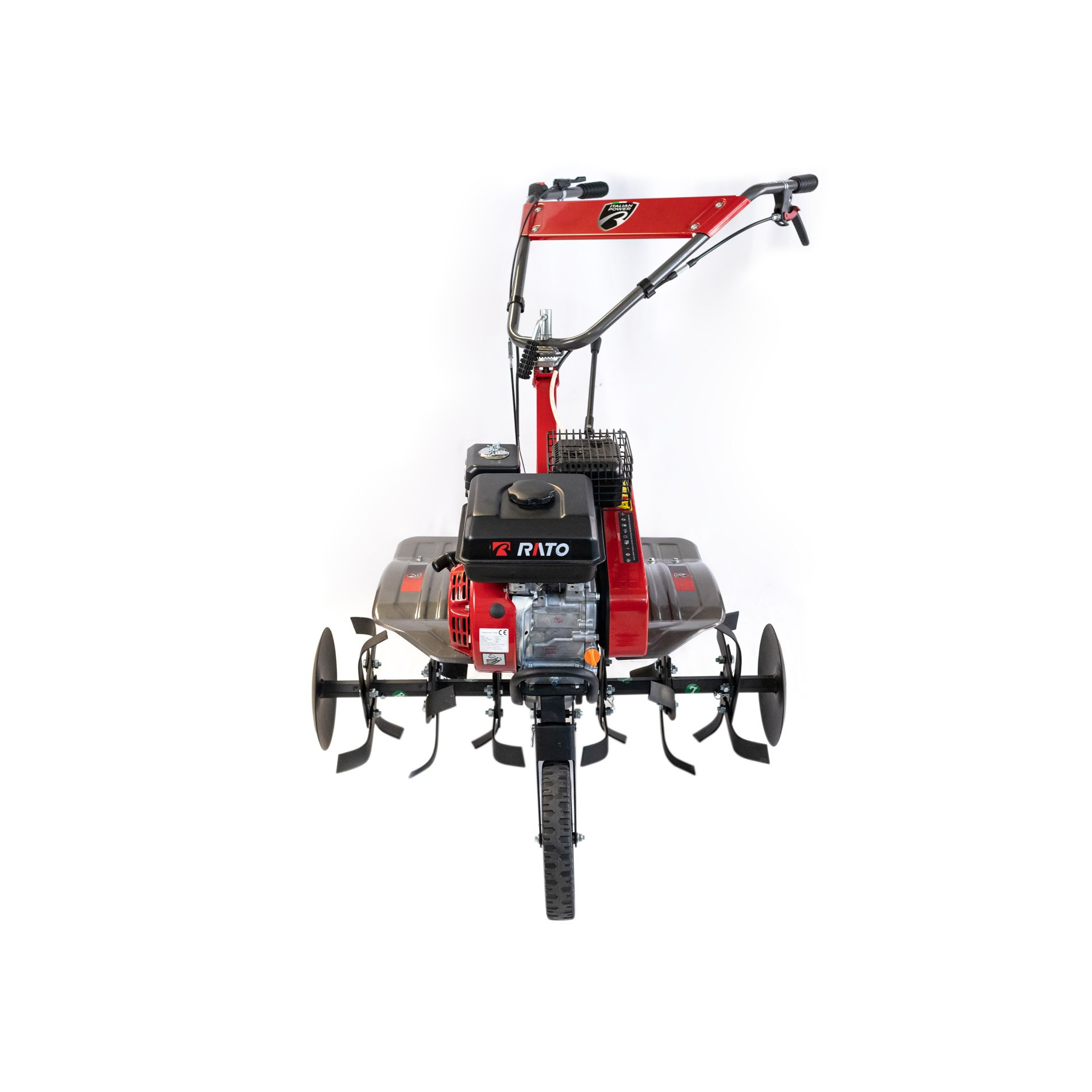 Czerwono-szara glebogryzarka z silnikiem i kołami na białym tle.