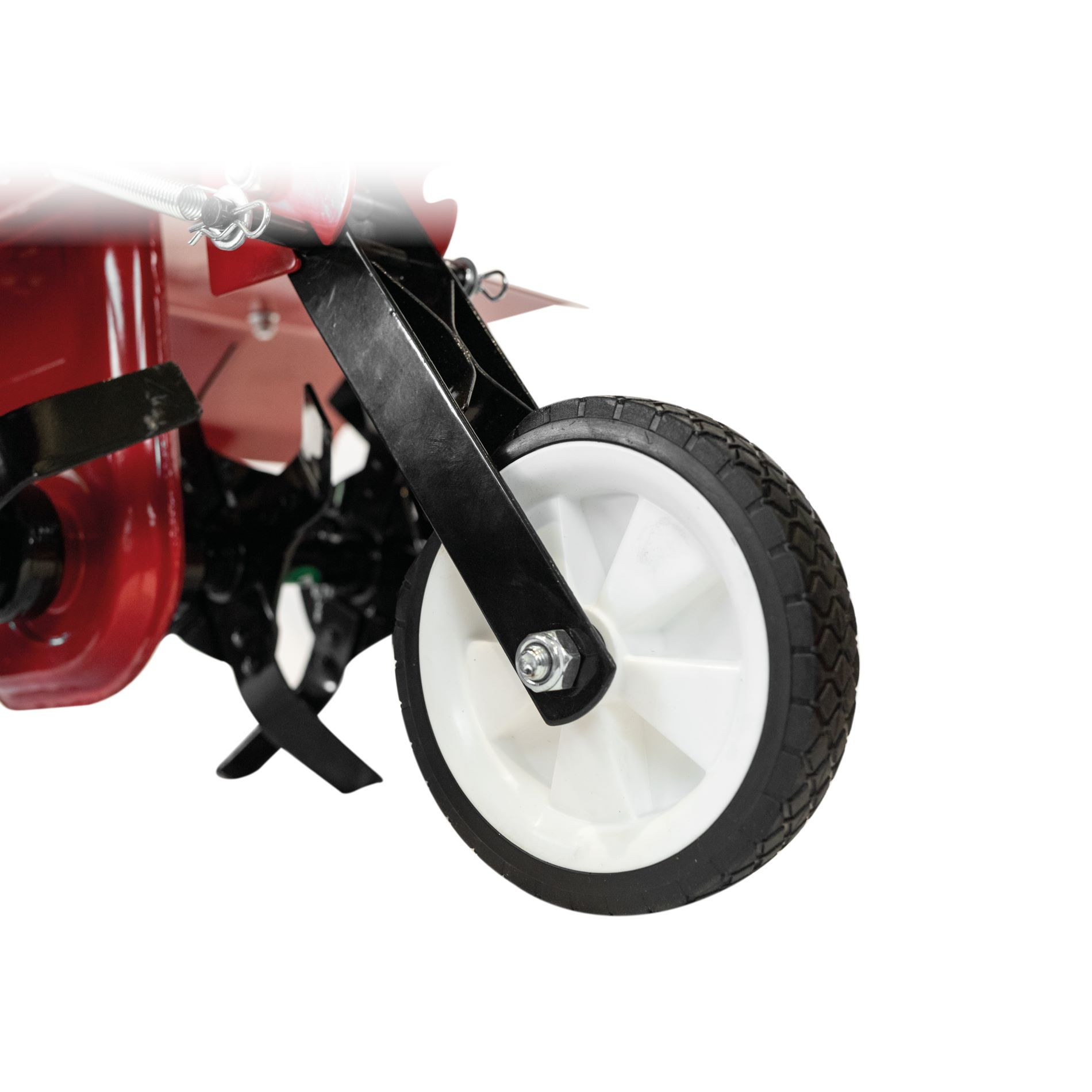 Czerwona rama glebogryzarki z czarnymi zębami i białym kołem.