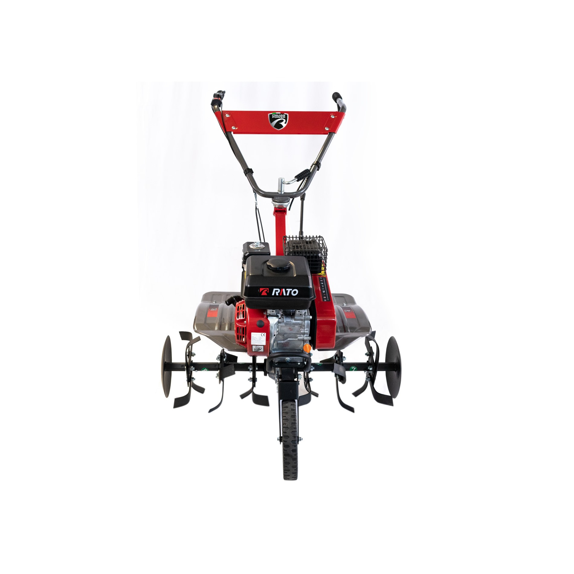 Czerwony glebogryzarka z czarnym silnikiem i kołami na białym tle.