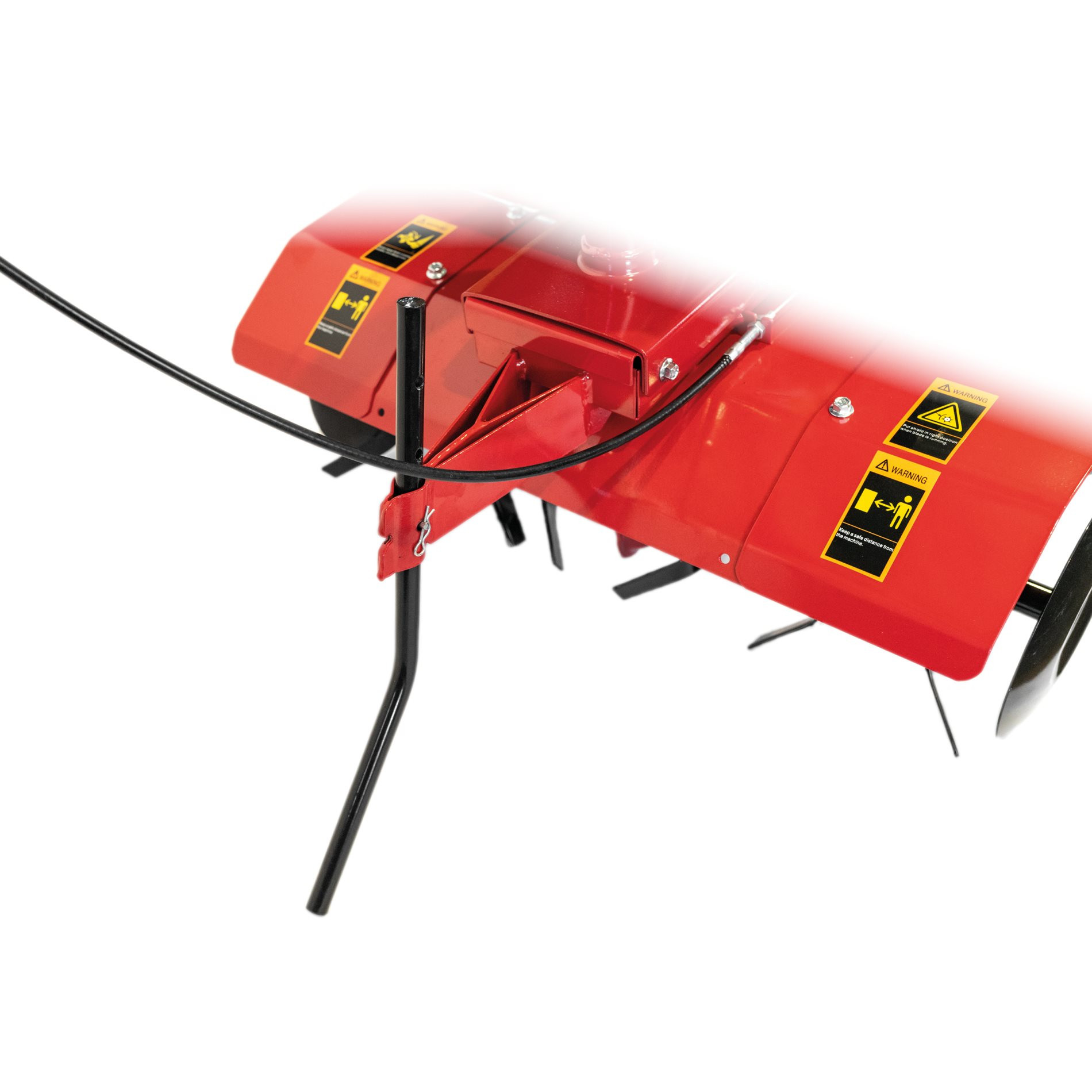 Czerwony osprzęt do glebogryzarki z czarnymi ostrzami i nogą podporową.