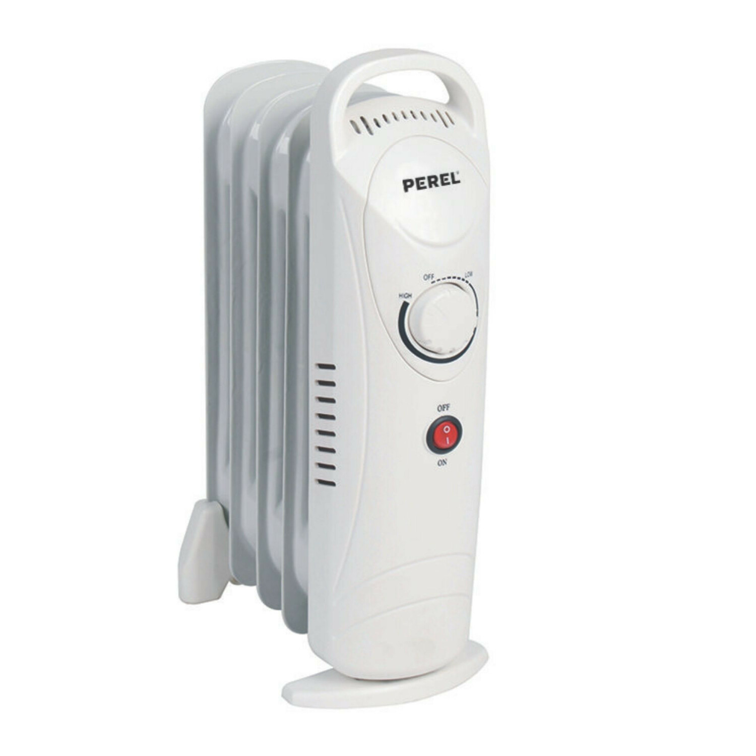 Biały grzejnik olejowy z pokrętłami i uchwytem.