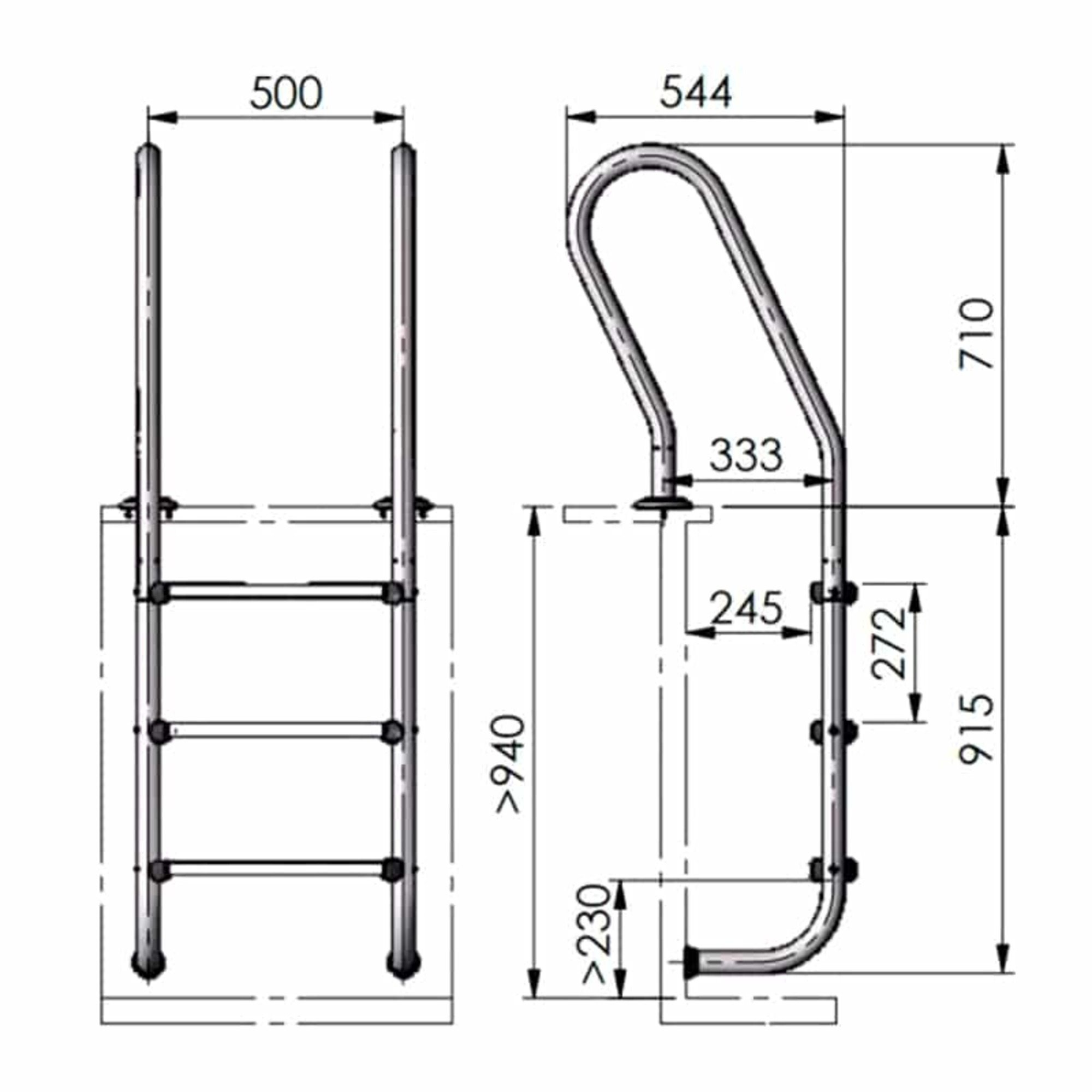 Dibujo técnico de una escalera y un pasamanos con dimensiones.