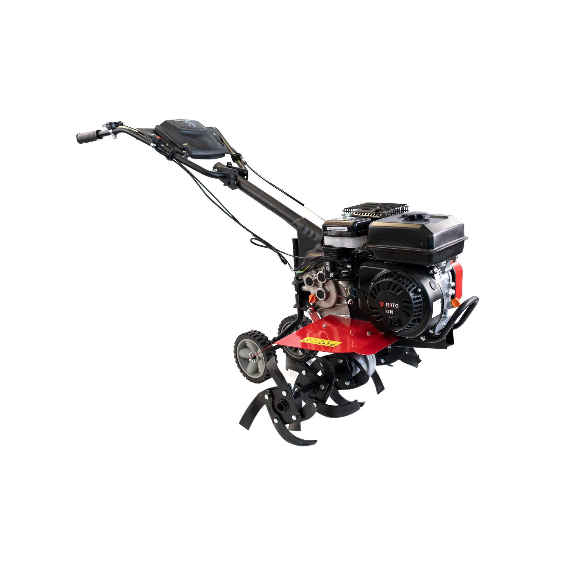 Czerwony glebogryzarka z czarnym silnikiem, kołami i uchwytami, na białym tle.