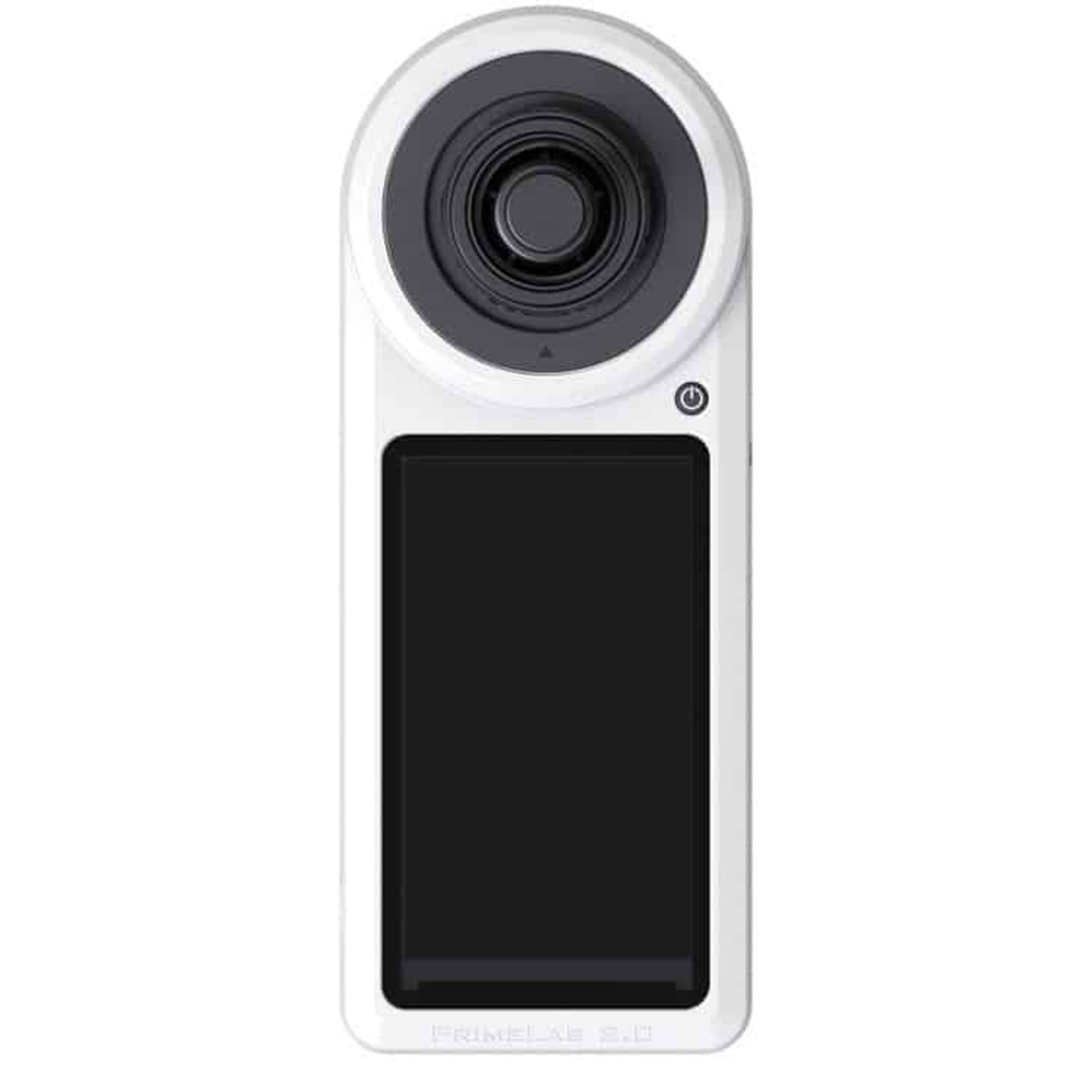 Dispositivo blanco con lente y pantalla negra, icono de encendido.