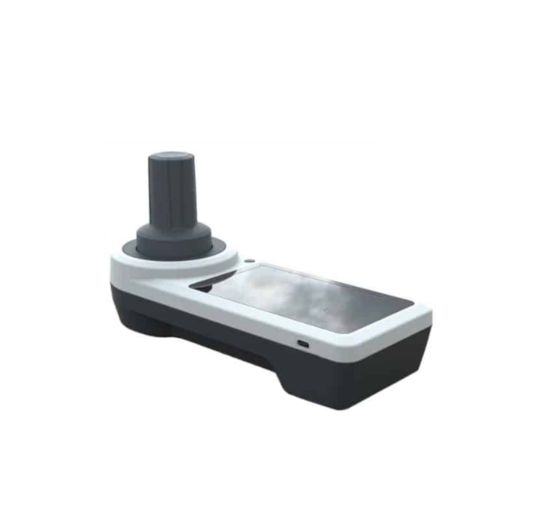 Dispositivo portátil gris y blanco con joystick y pantalla sobre fondo blanco.