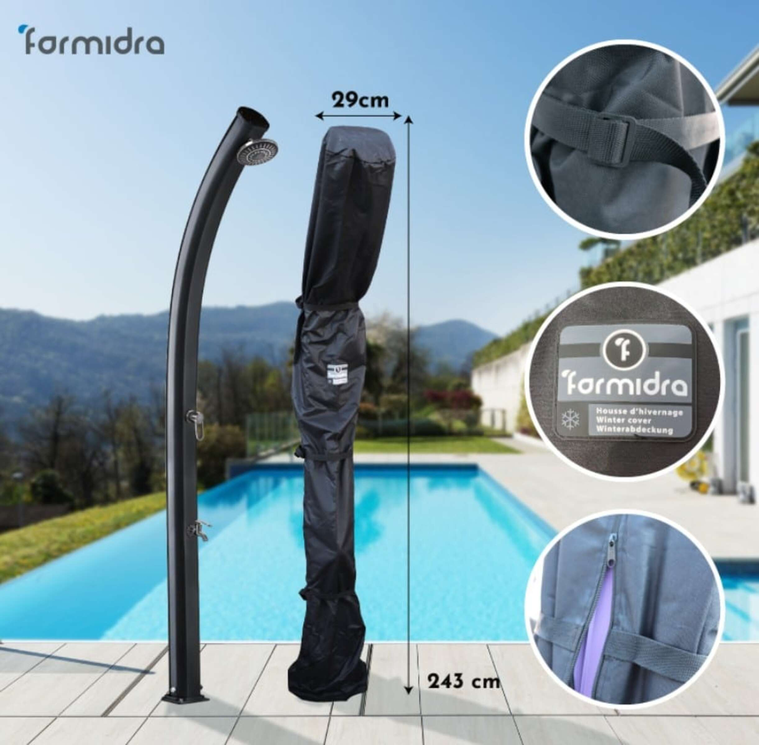 Funda de ducha negra junto a la piscina, 243 cm de alto, 29 cm de ancho.