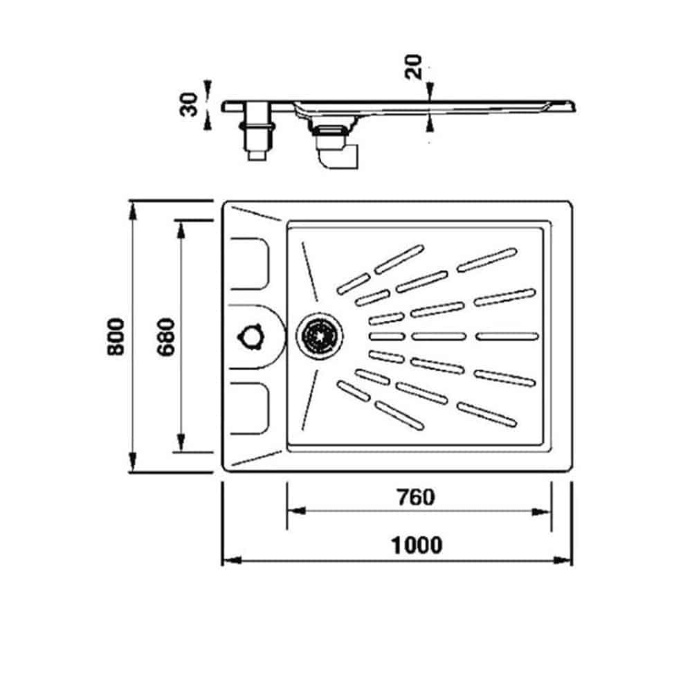 Dibujo técnico de un plato de ducha con dimensiones y vistas.