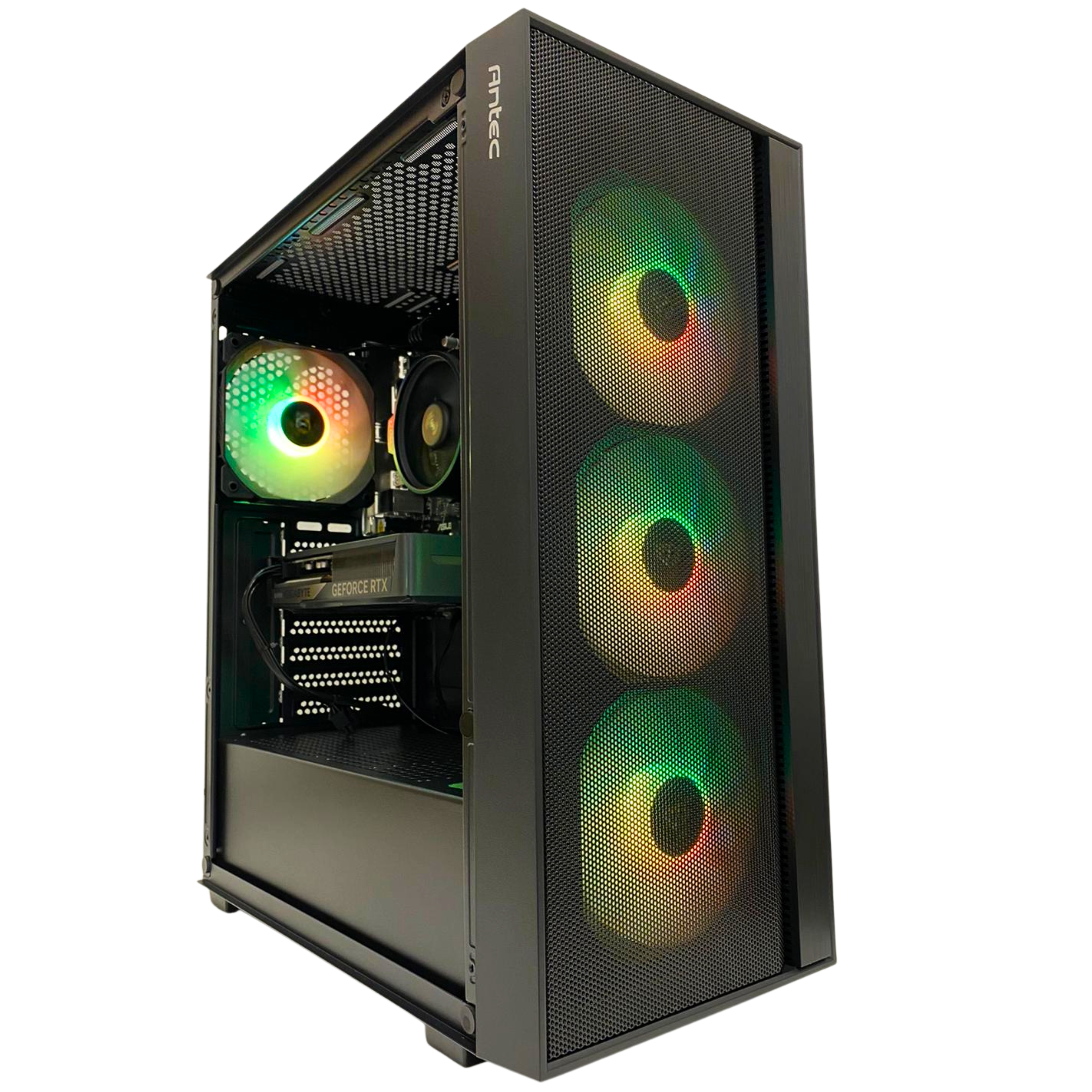 Una caja de PC negra con tres ventiladores RGB al frente y uno dentro.