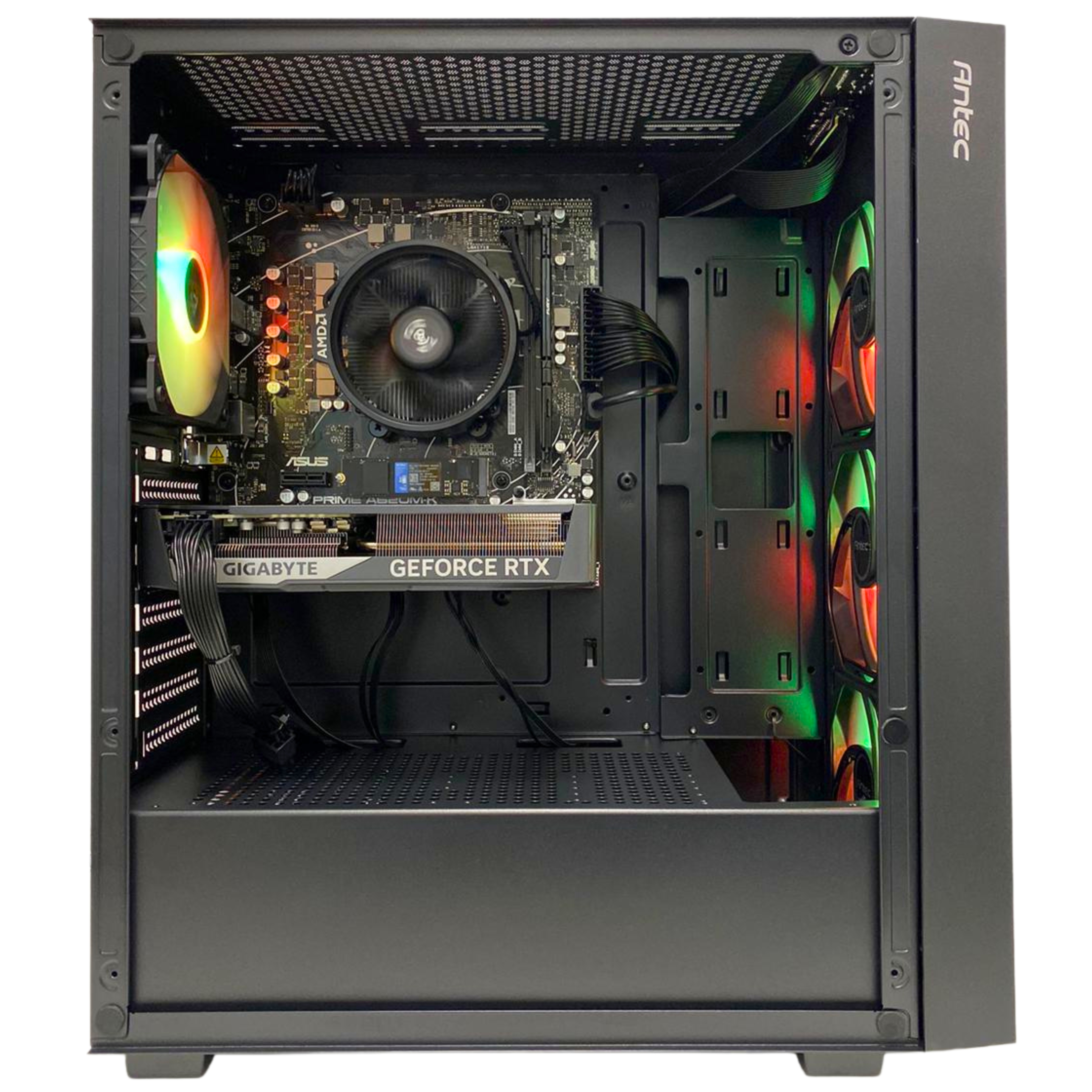 Una torre de PC abierta que muestra hardware interno, ventiladores coloridos y cables.