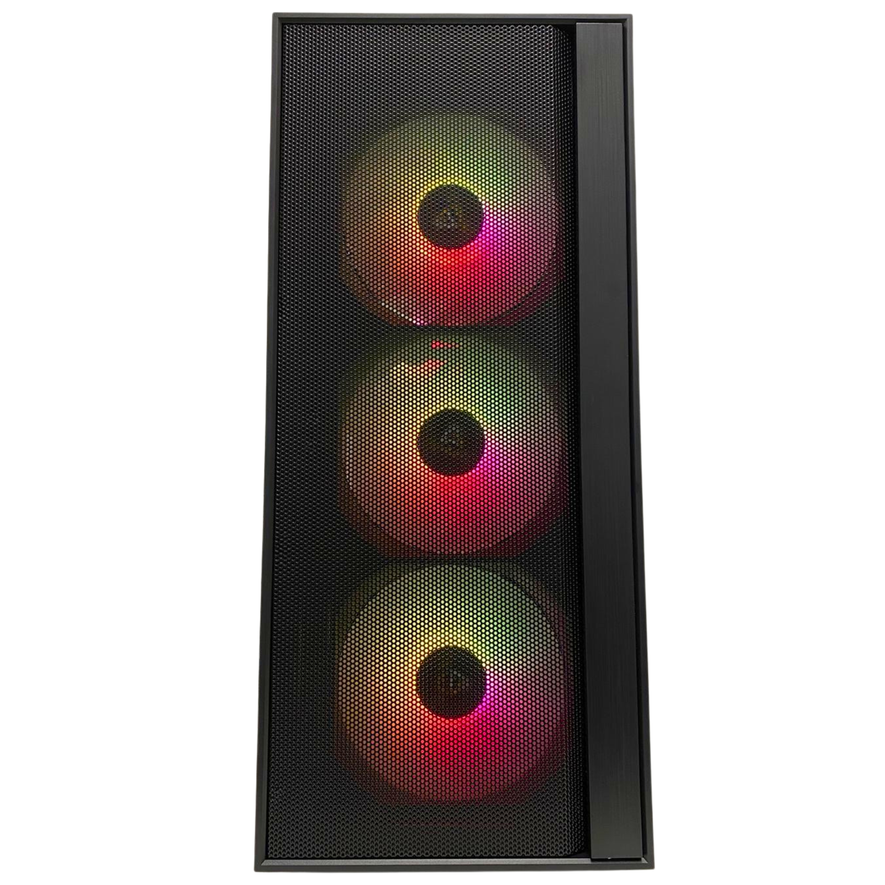 Caja de PC negra con tres ventiladores RGB que brillan en rojo, amarillo y verde.