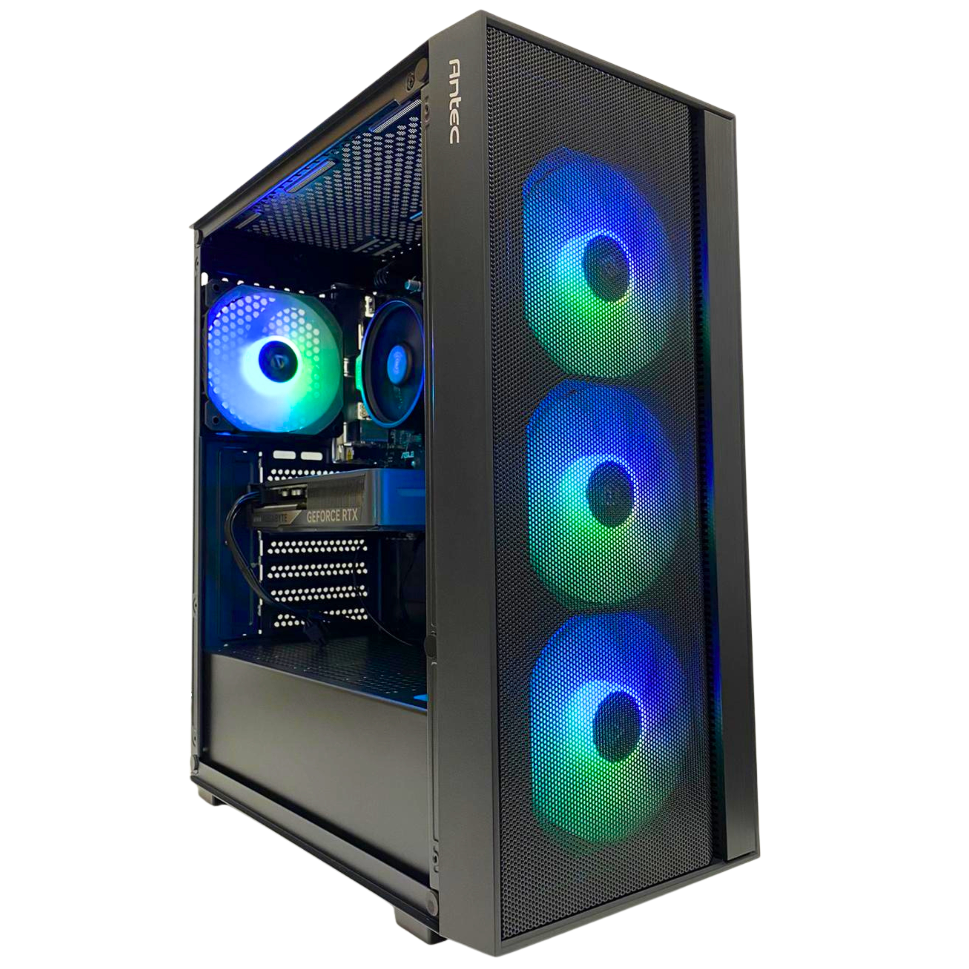 Una caja de PC negra con ventiladores RGB que brillan en azul y verde.