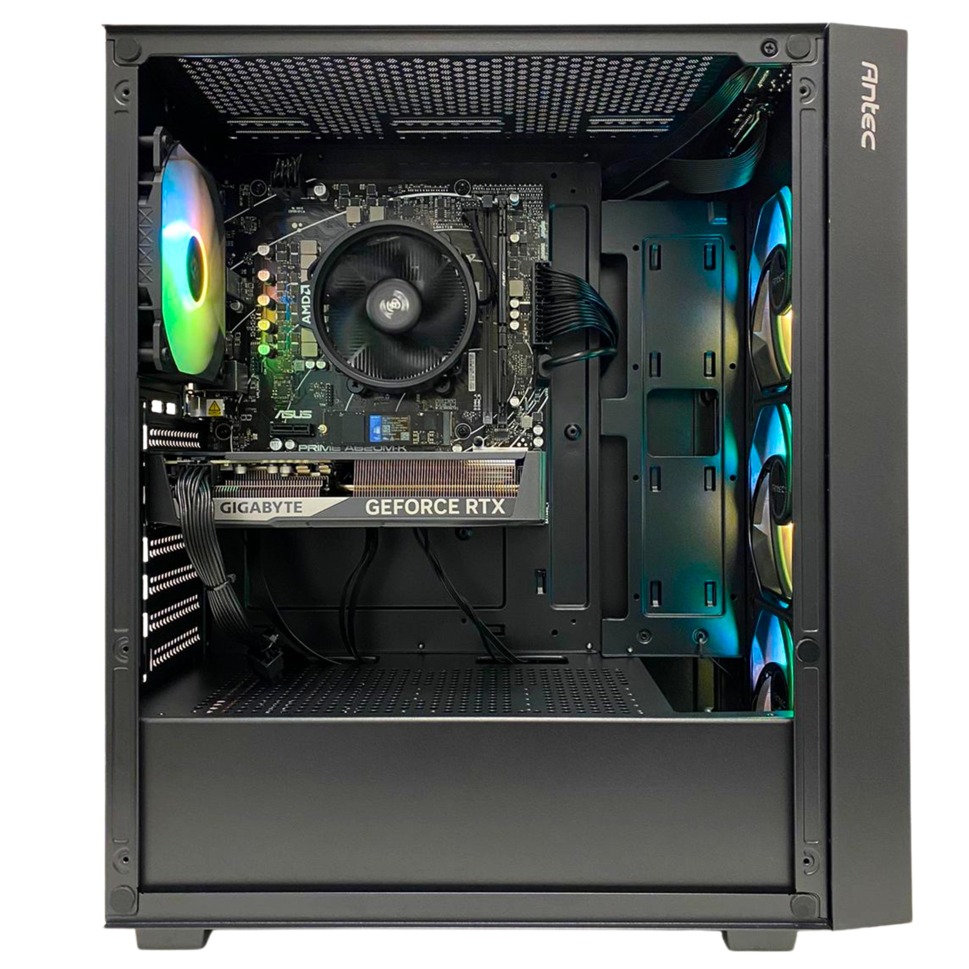Una caja de PC abierta con ventiladores RGB y tarjeta gráfica visible.