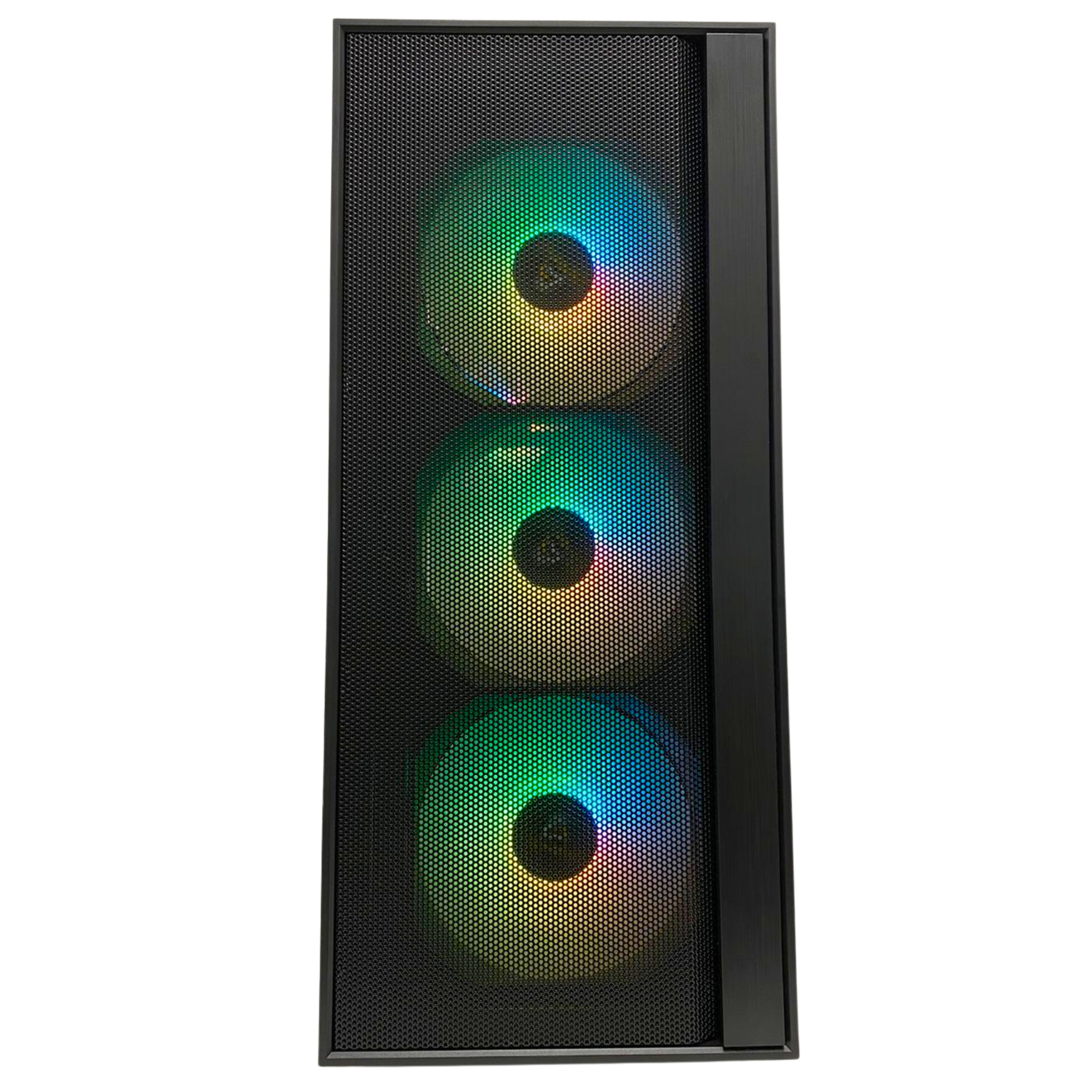Una caja de ordenador negra con tres ventiladores iluminados.