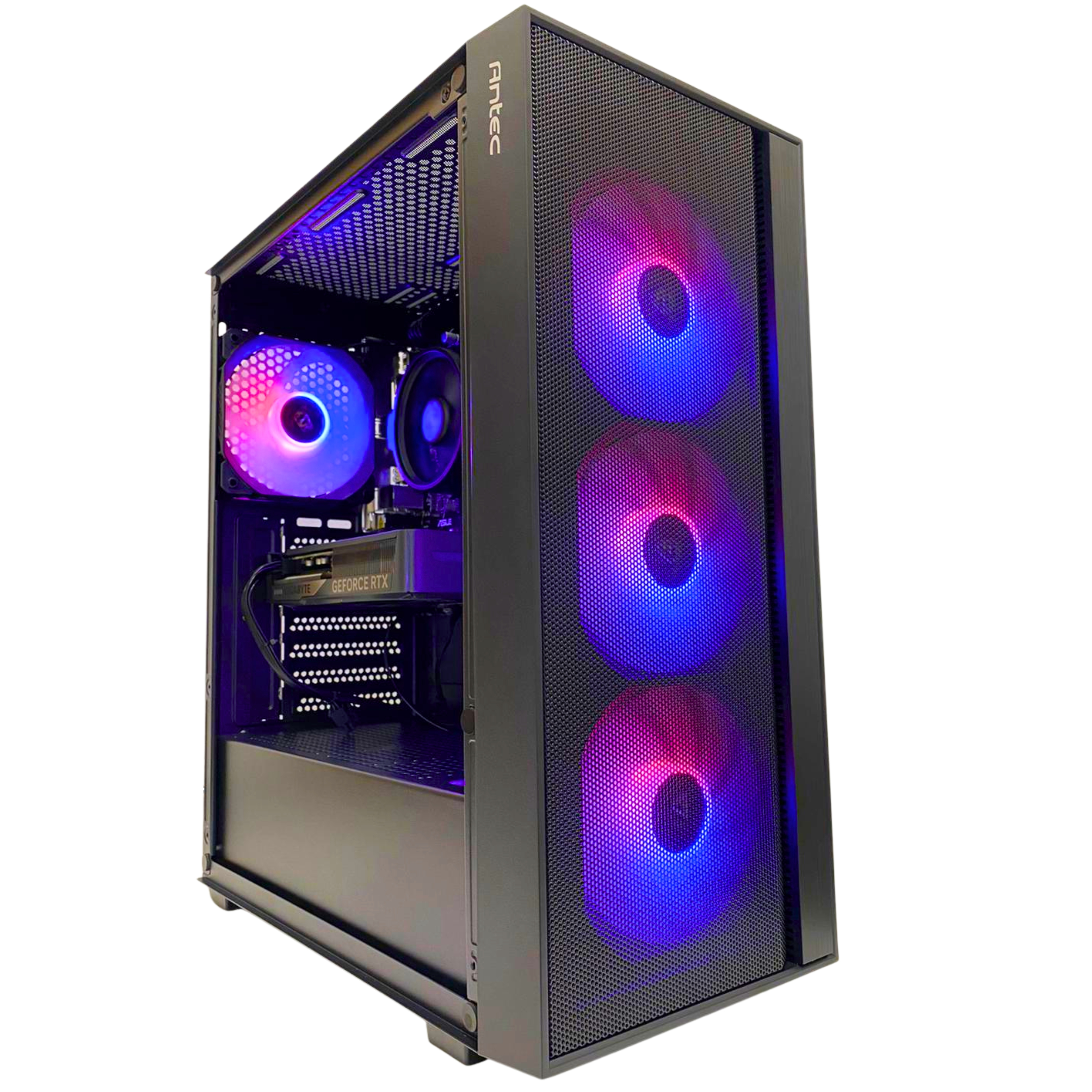 Caja de PC negra con ventiladores iluminados en azul y rosa.