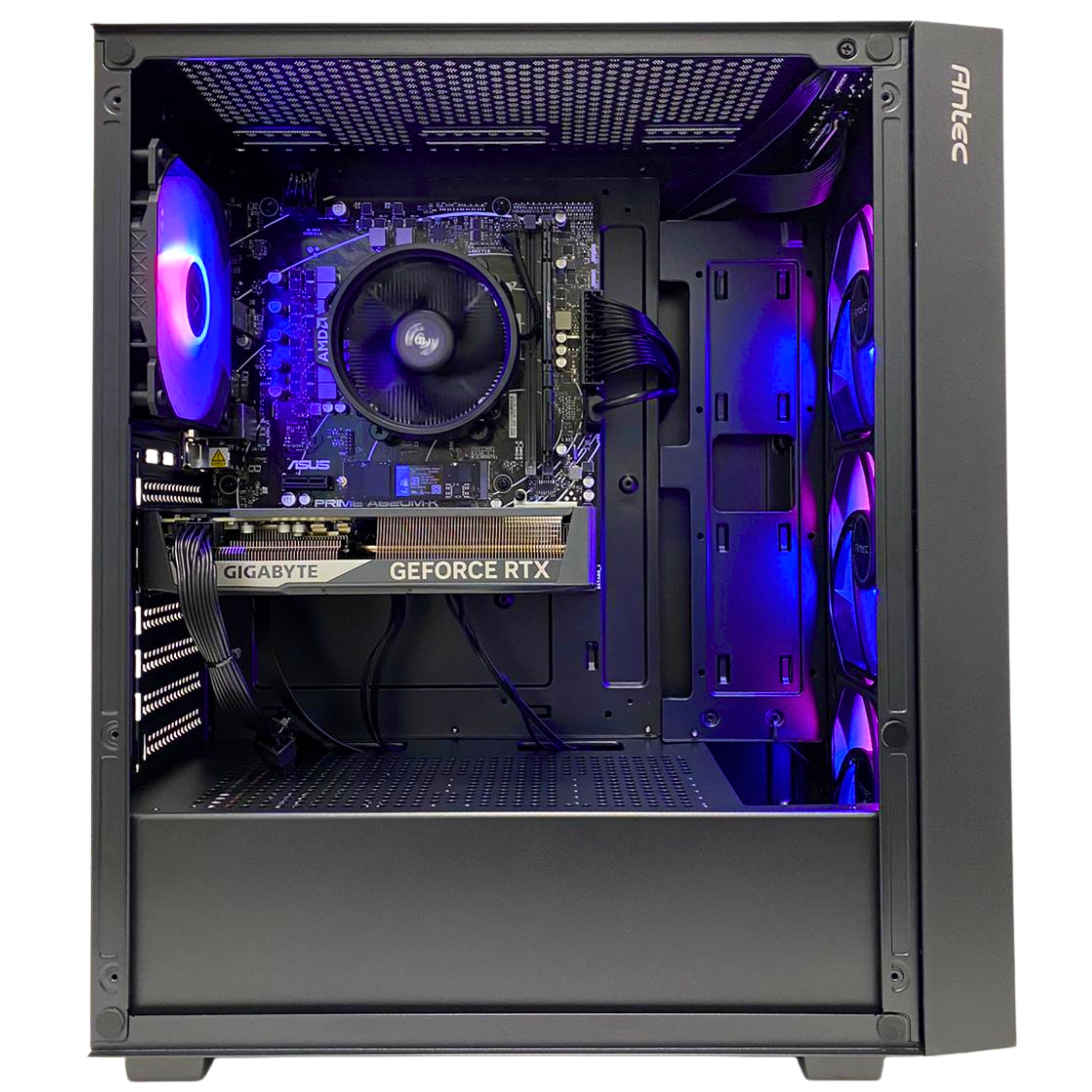 Una torre de PC abierta mostrando componentes internos con iluminación azul/morada.