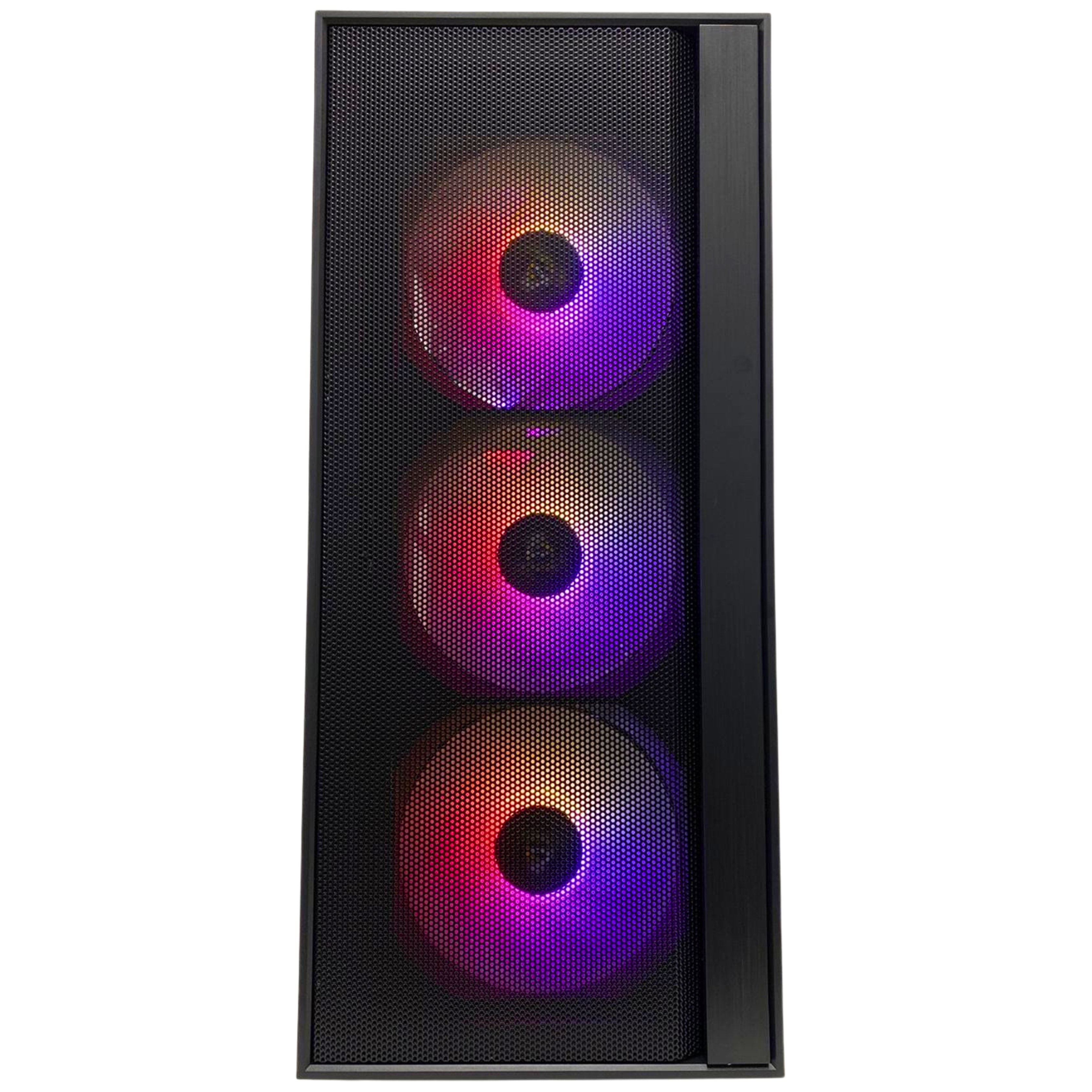 Caja de computadora negra con tres ventiladores iluminados en rojo, amarillo y morado.