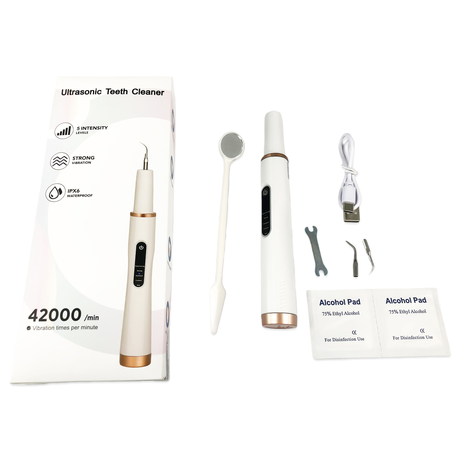 Zahnreiniger mit Zubehör: Ultraschallreiniger, Spiegel, Ladekabel, Werkzeug, Spitzen und Pads.