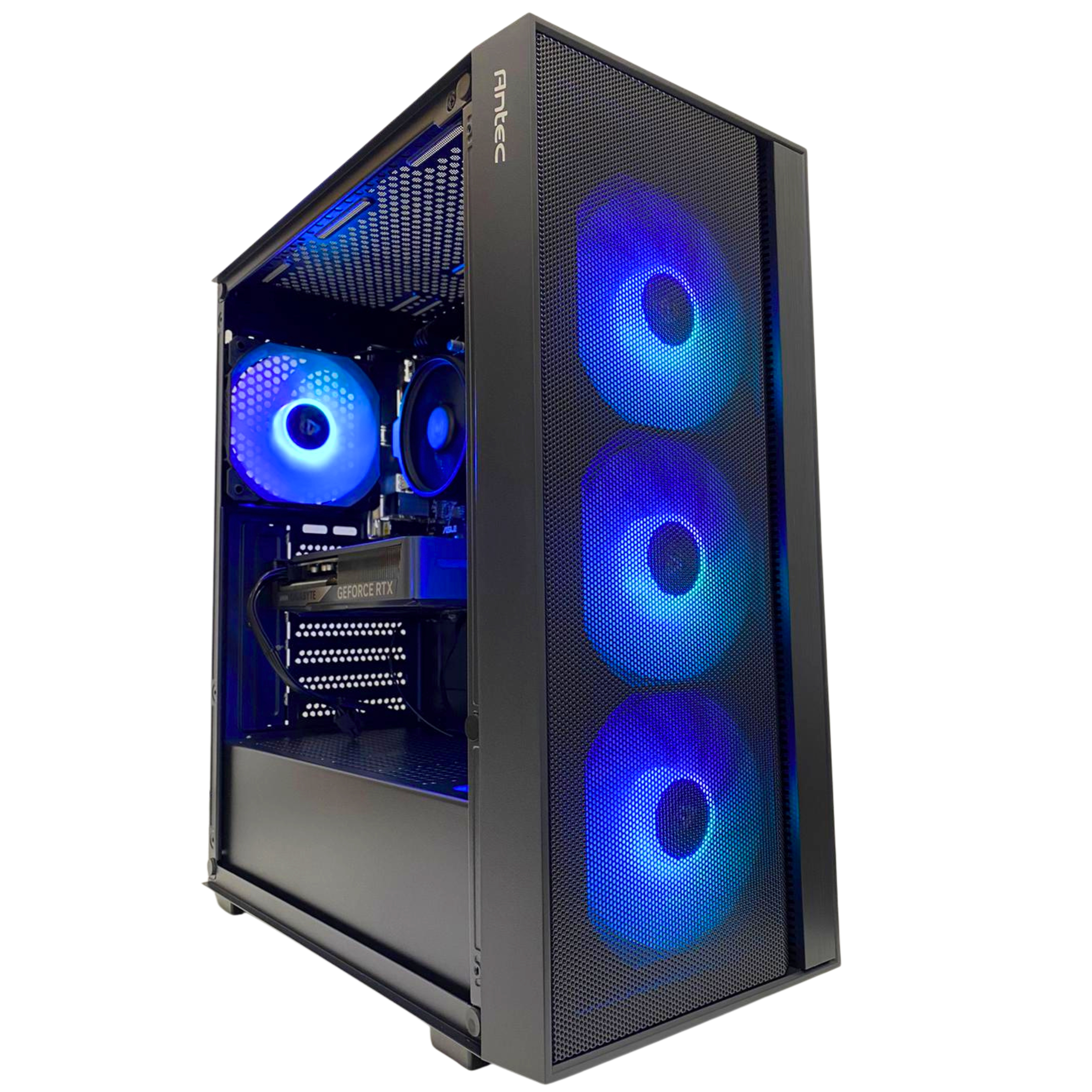Una caja de PC negra con ventiladores azules y disipador de tarjeta gráfica.