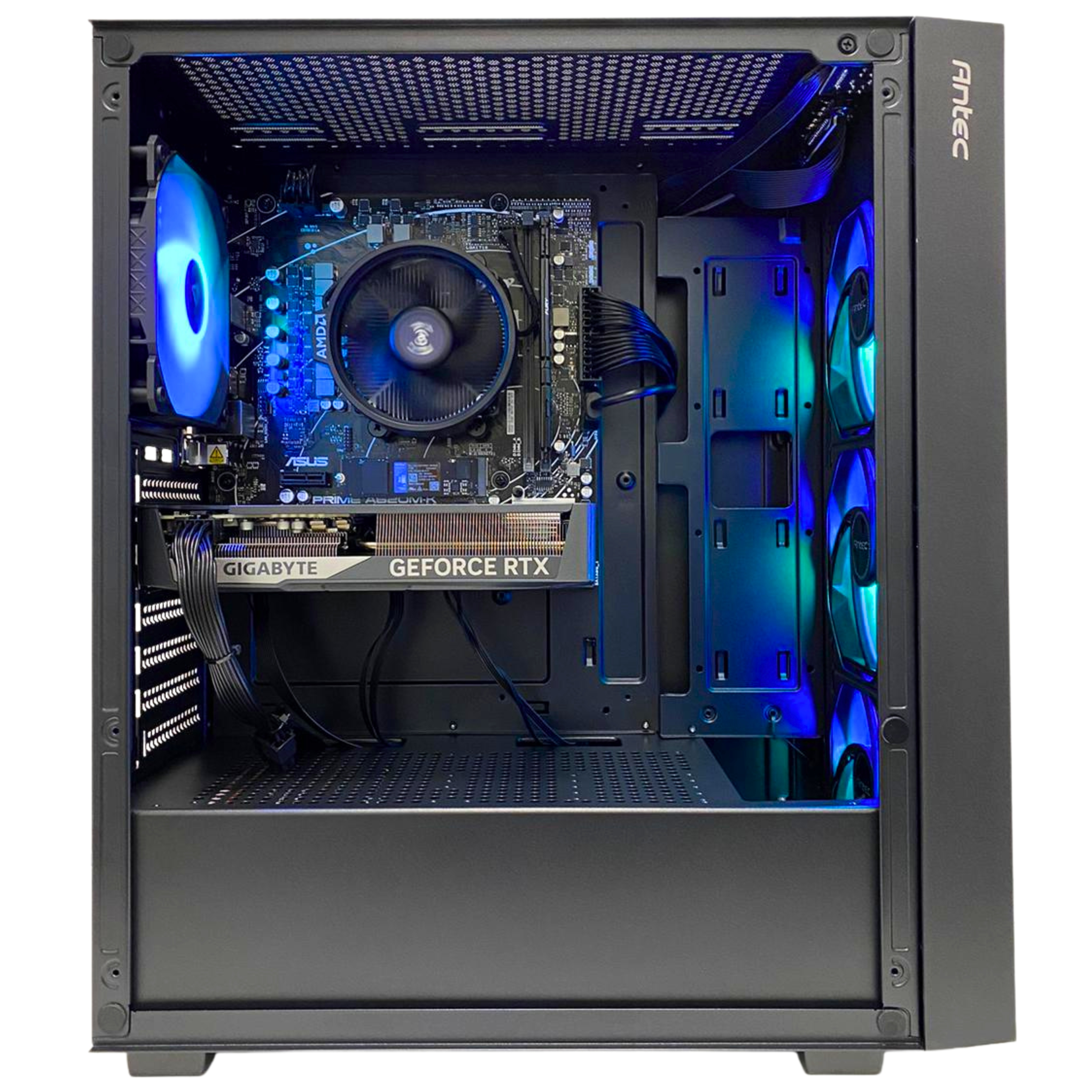 Una torre de PC abierta con iluminación LED azul y verde, que muestra placa base, tarjeta gráfica y ventiladores.