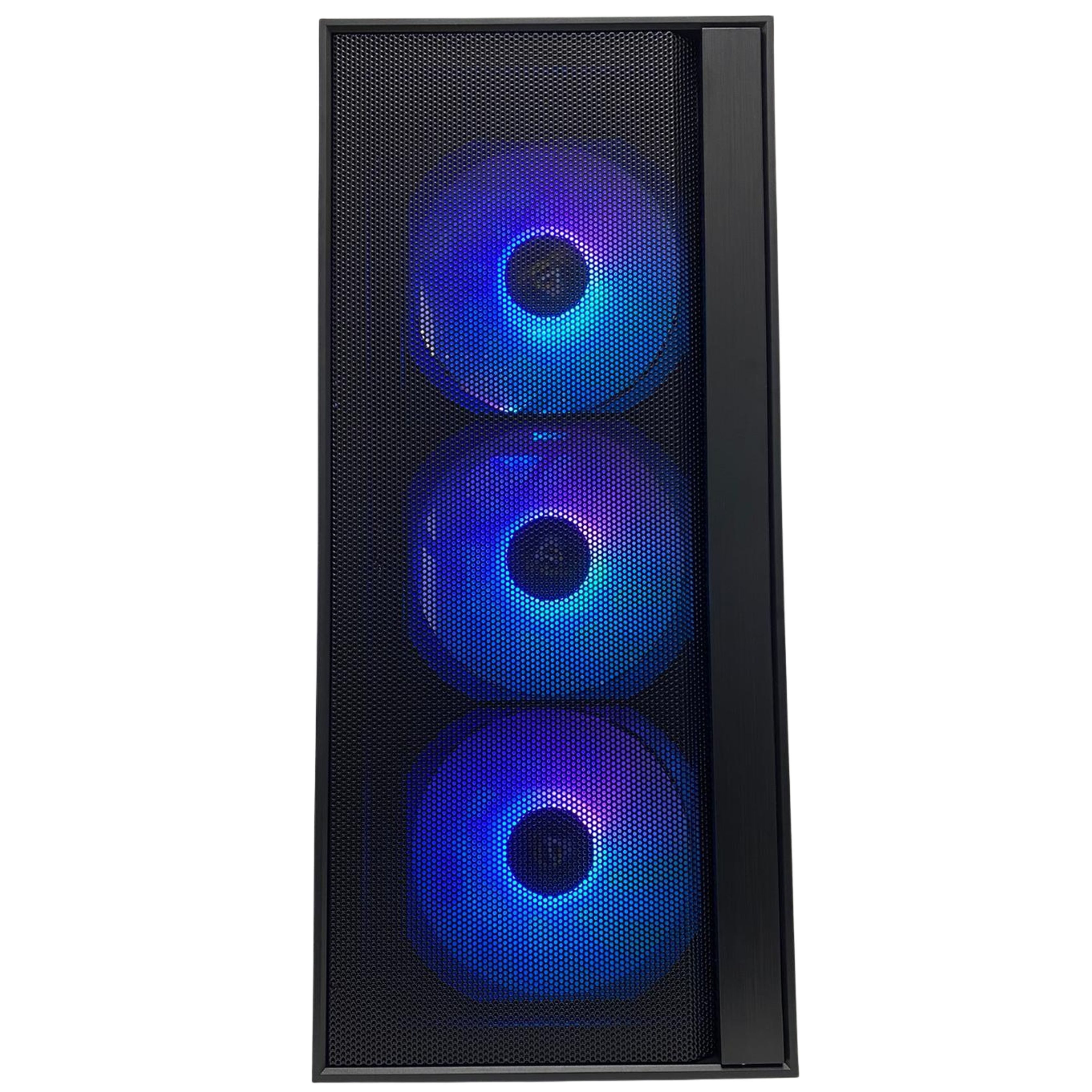 Una caja de ordenador negra con tres ventiladores azules iluminados vista de frente.
