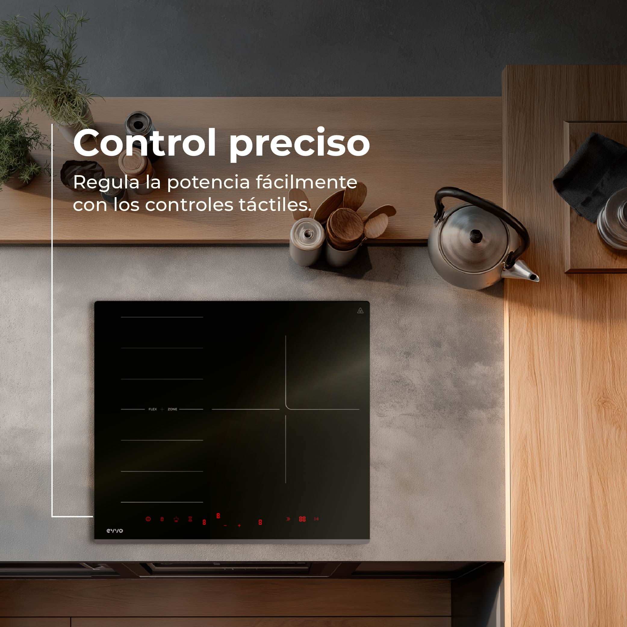 Una moderna placa de inducción negra con controles táctiles y una tetera.