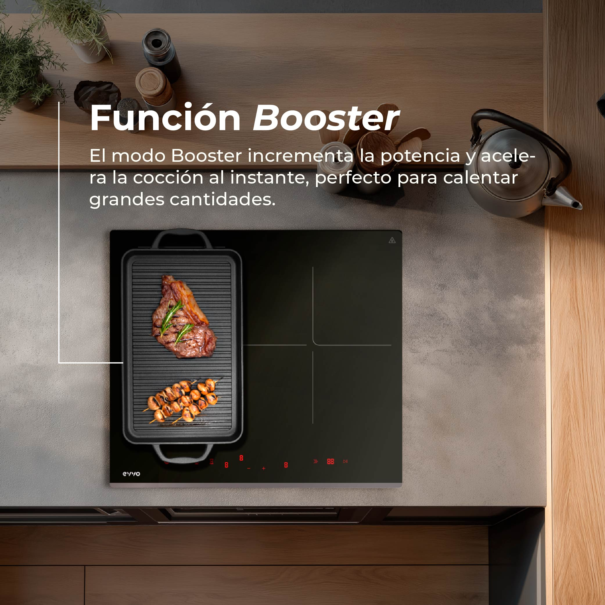 Una placa de inducción con sartén grill, filete y brochetas.