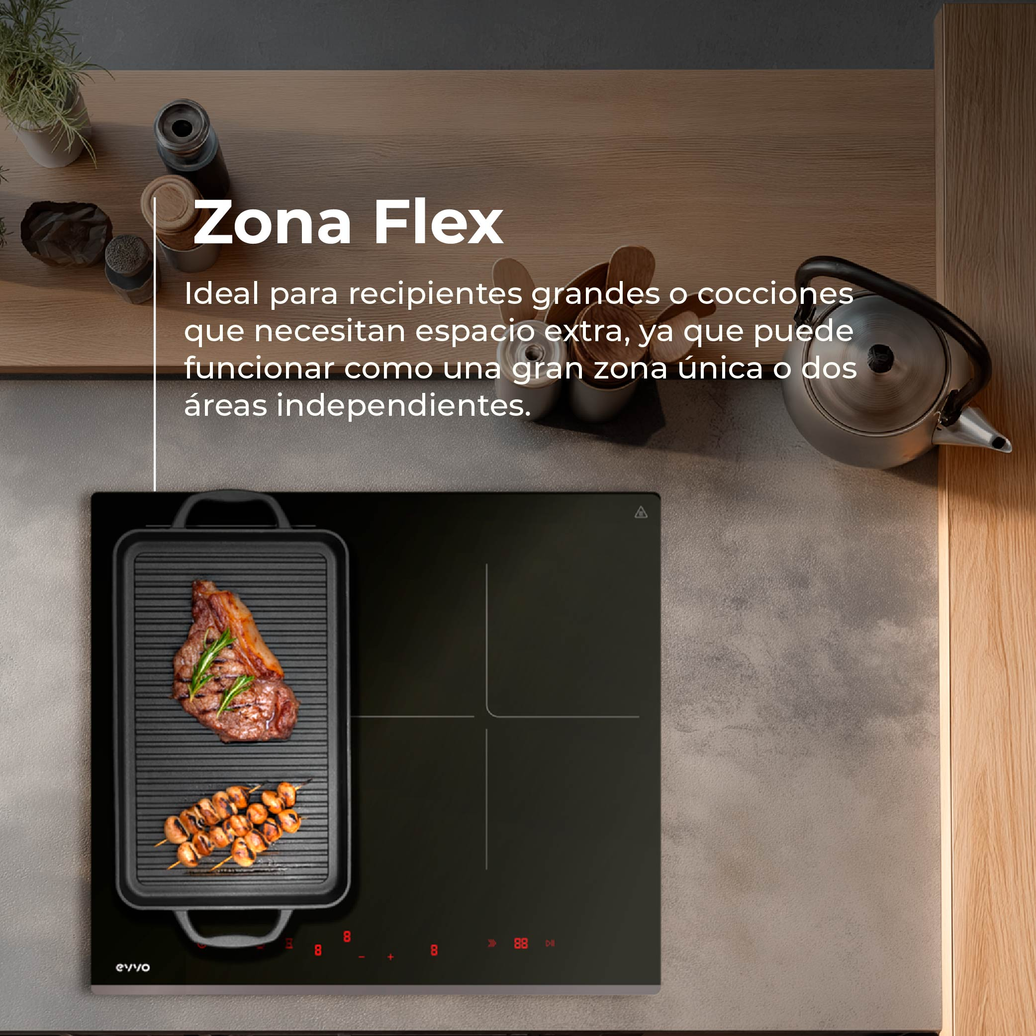 Una placa de inducción con sartén grill, filete y brochetas.