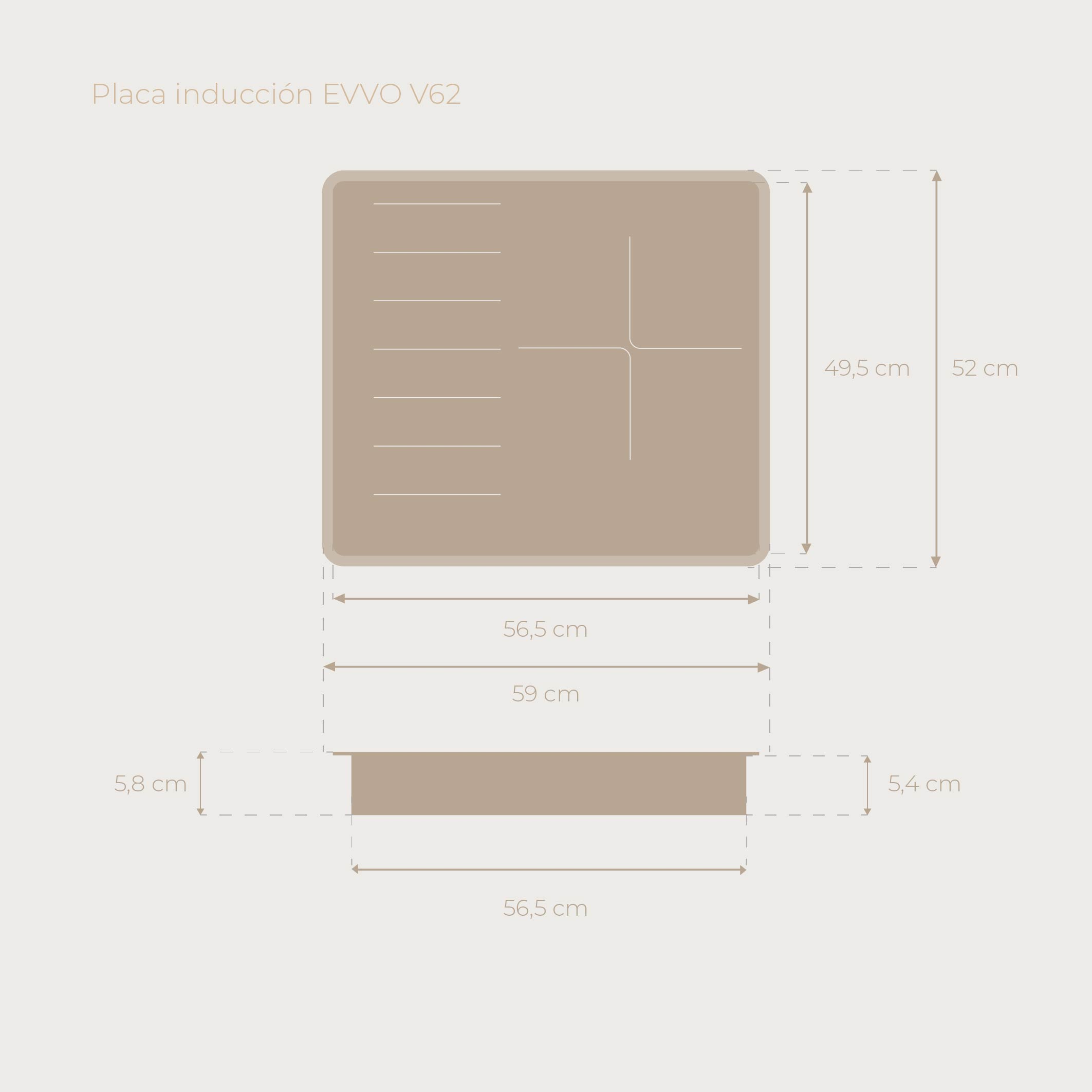 Dibujo técnico de una placa de inducción con dimensiones.