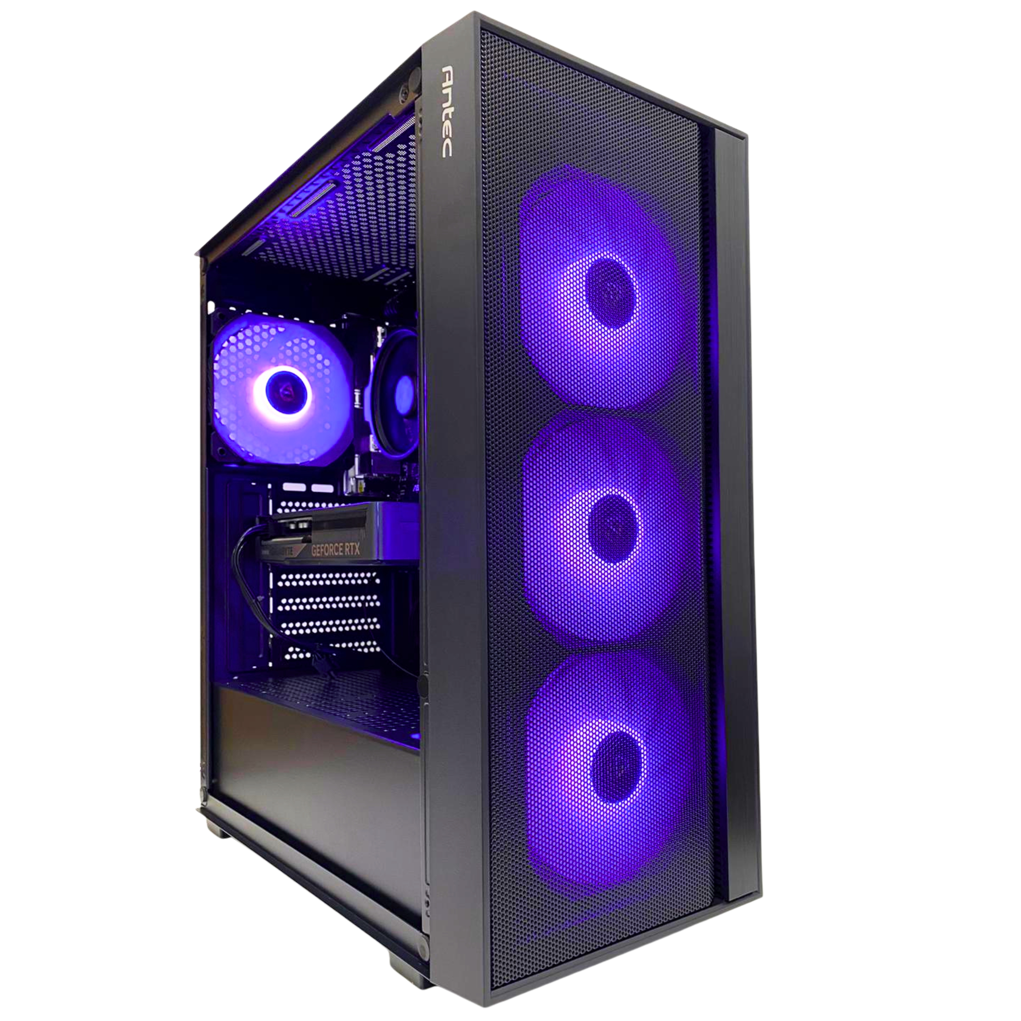 Una torre de PC negra con ventiladores iluminados de púrpura y componentes visibles.