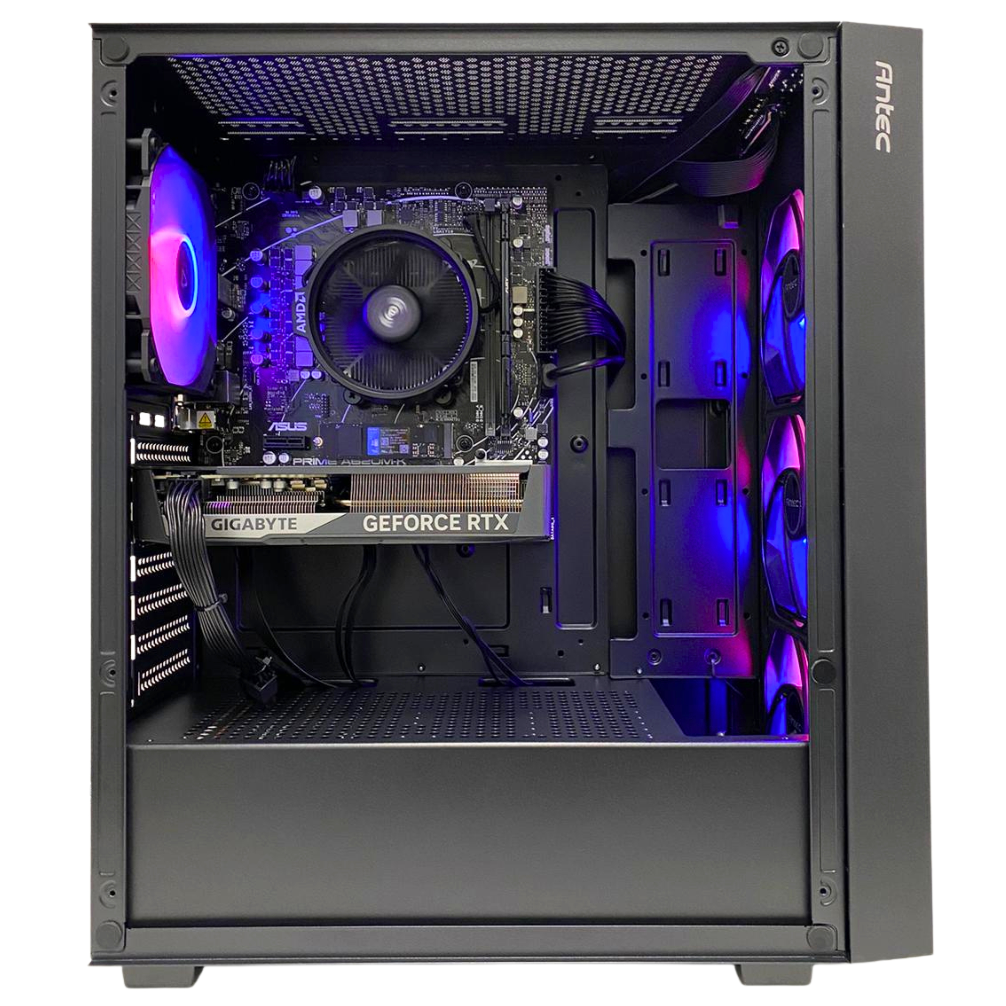 Una torre de PC abierta con ventiladores RGB azules y rosas, placa base, CPU y tarjeta gráfica.